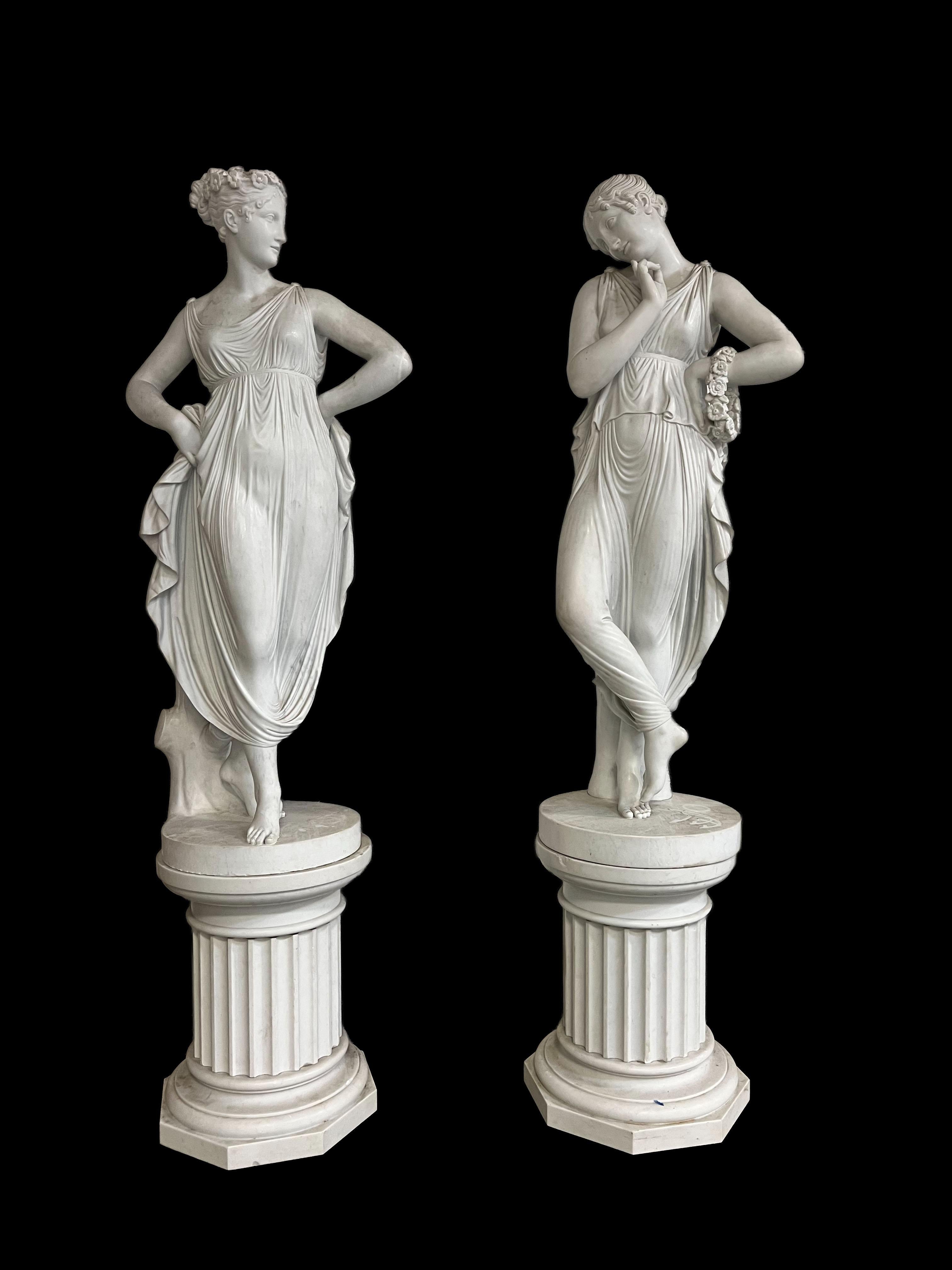 Neoclassical Pietro Bazzanti: Important Pair of Life-Size Carrara Marble Dancers After Canova For Sale