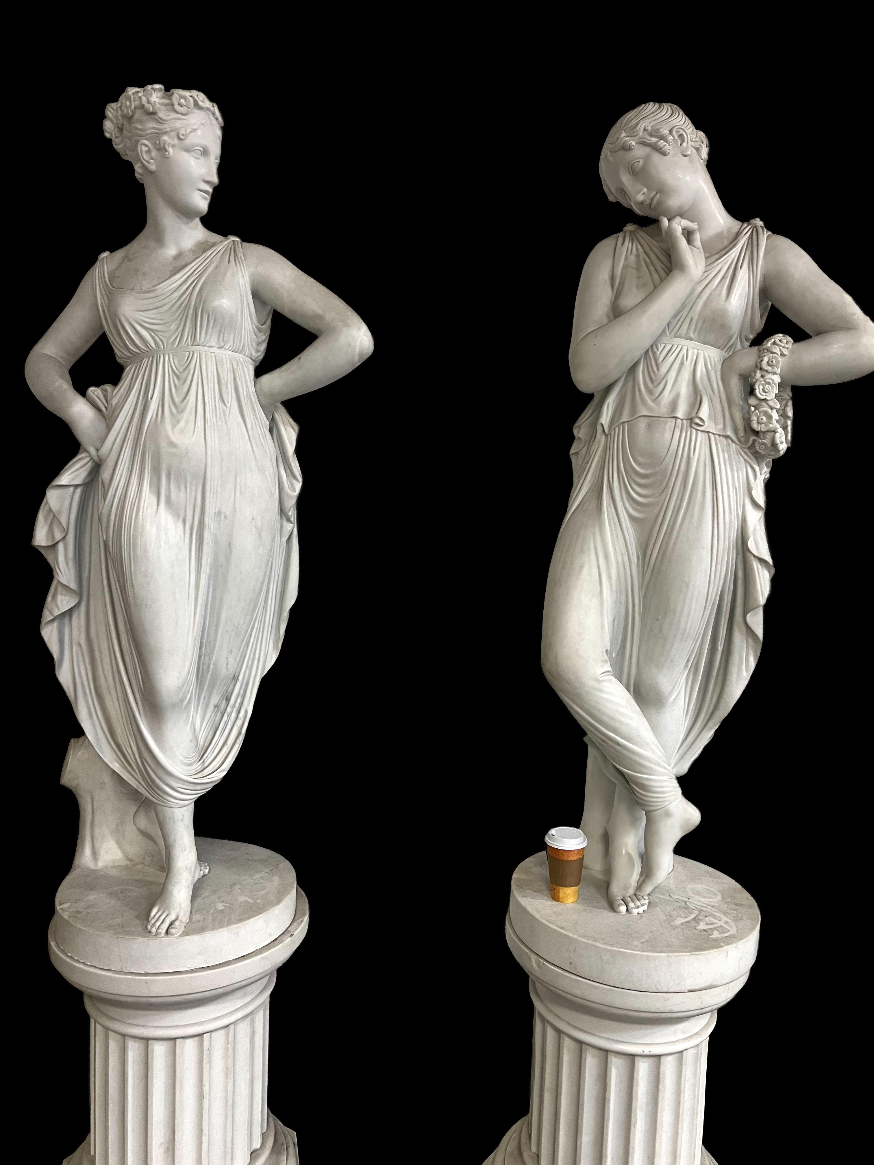 Italian Pietro Bazzanti: Important Pair of Life-Size Carrara Marble Dancers After Canova For Sale