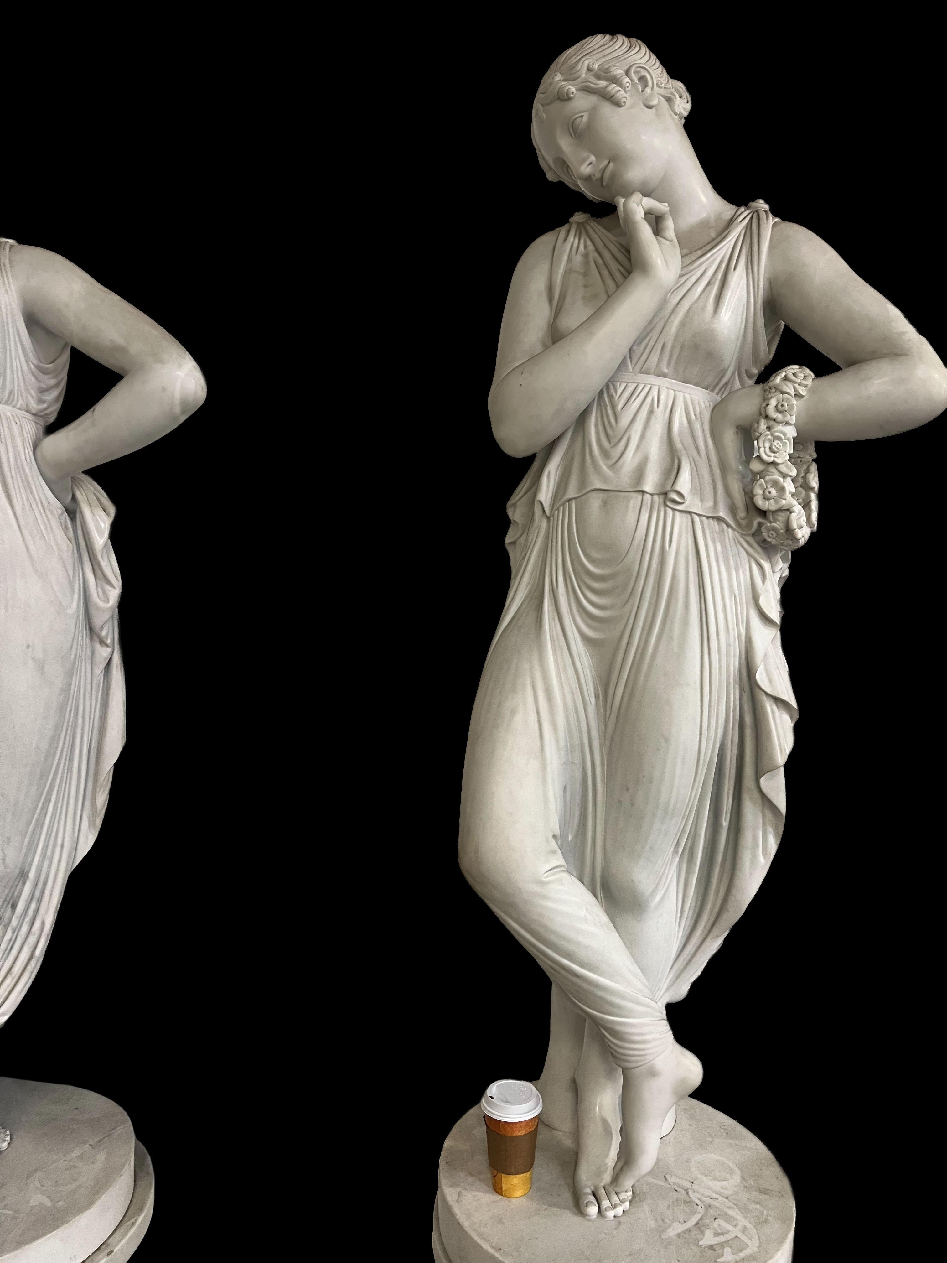 Hand-Carved Pietro Bazzanti: Important Pair of Life-Size Carrara Marble Dancers After Canova For Sale