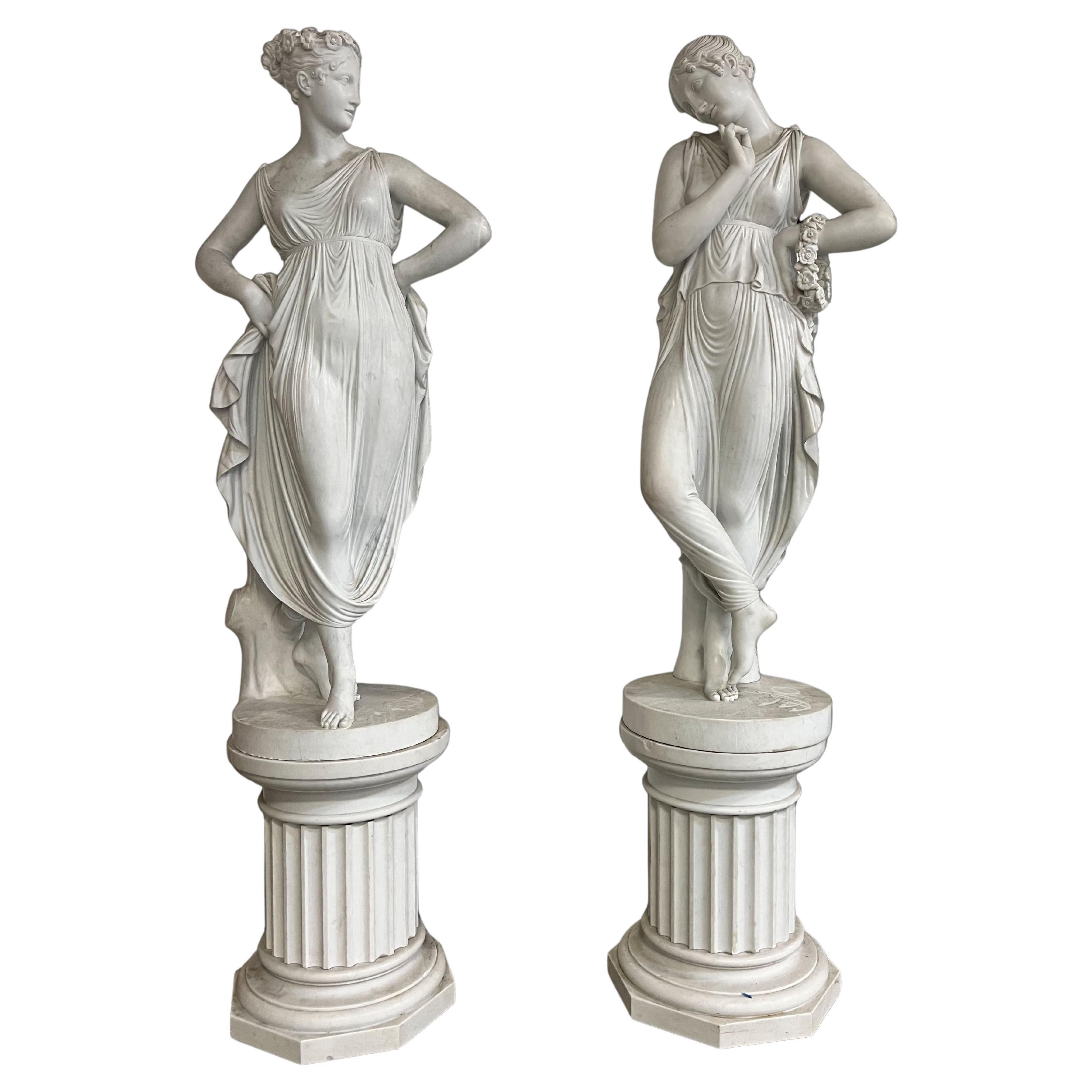 Pietro Bazzanti: Important Pair of Life-Size Carrara Marble Dancers After Canova For Sale