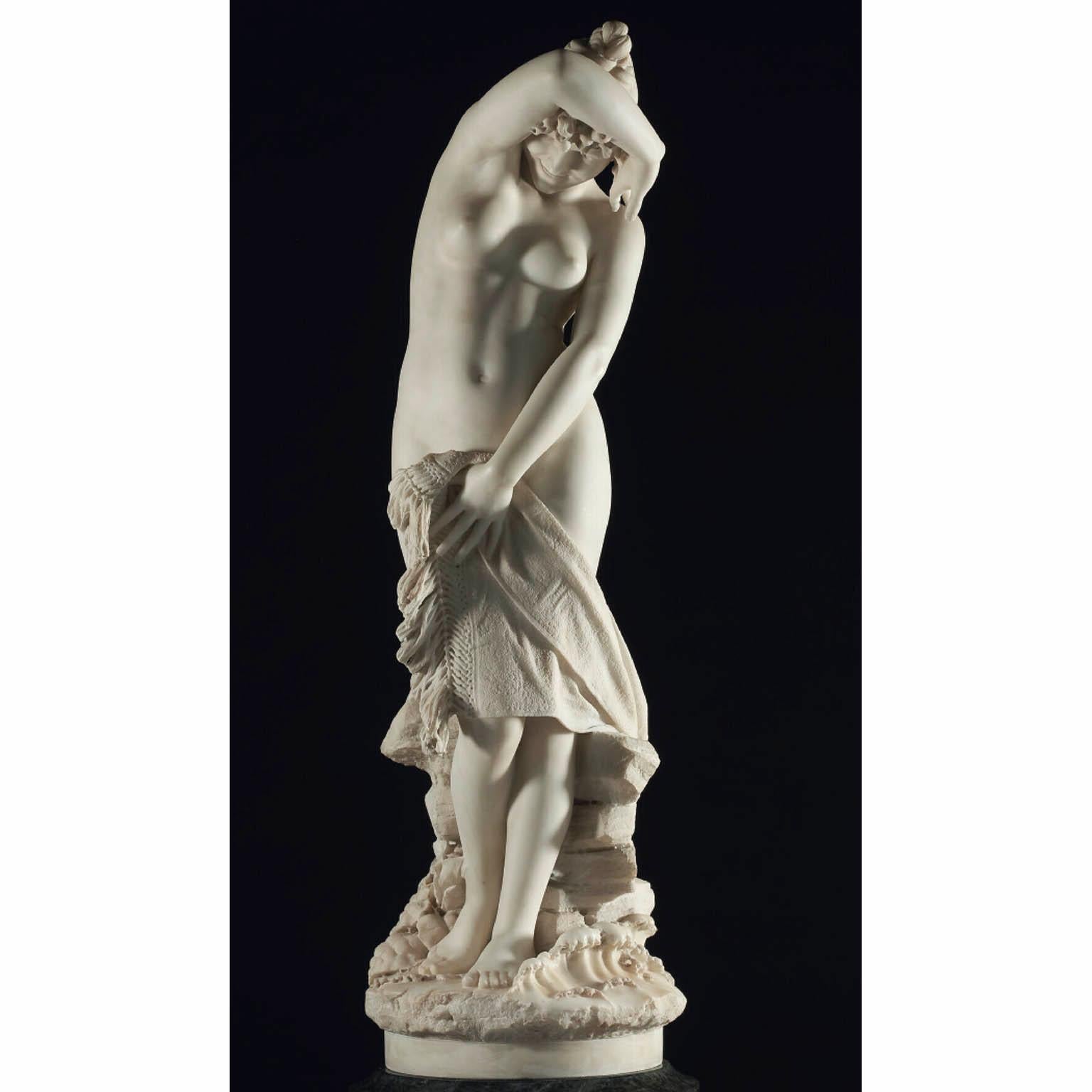Pietro Bazzanti, Italian 19th Carved Marble Figure Semi-Nude Young Bather Girl For Sale 1