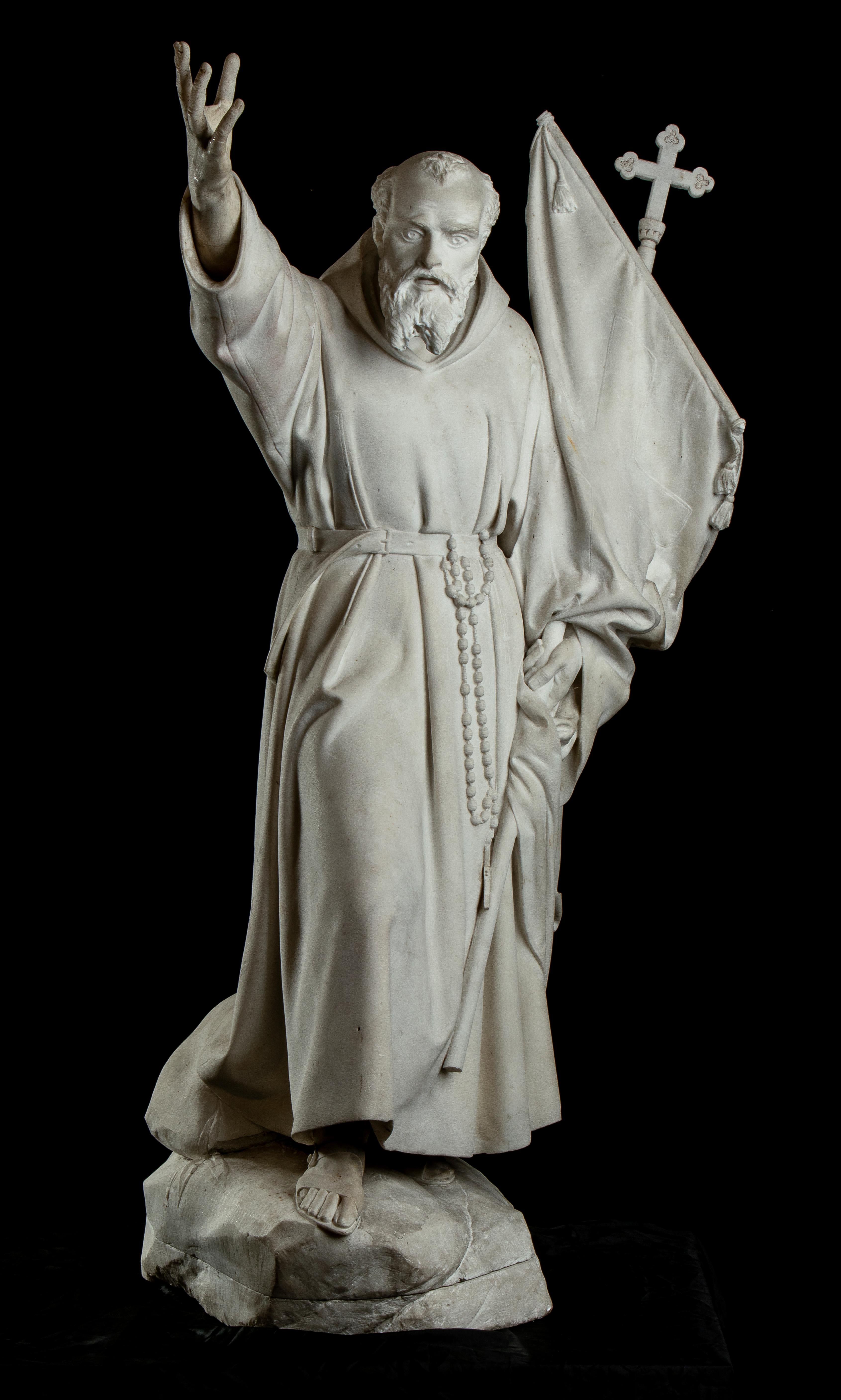Peter the Hermit White Marble Figurative Sculpture Signed Pietro Bernasconi 1857