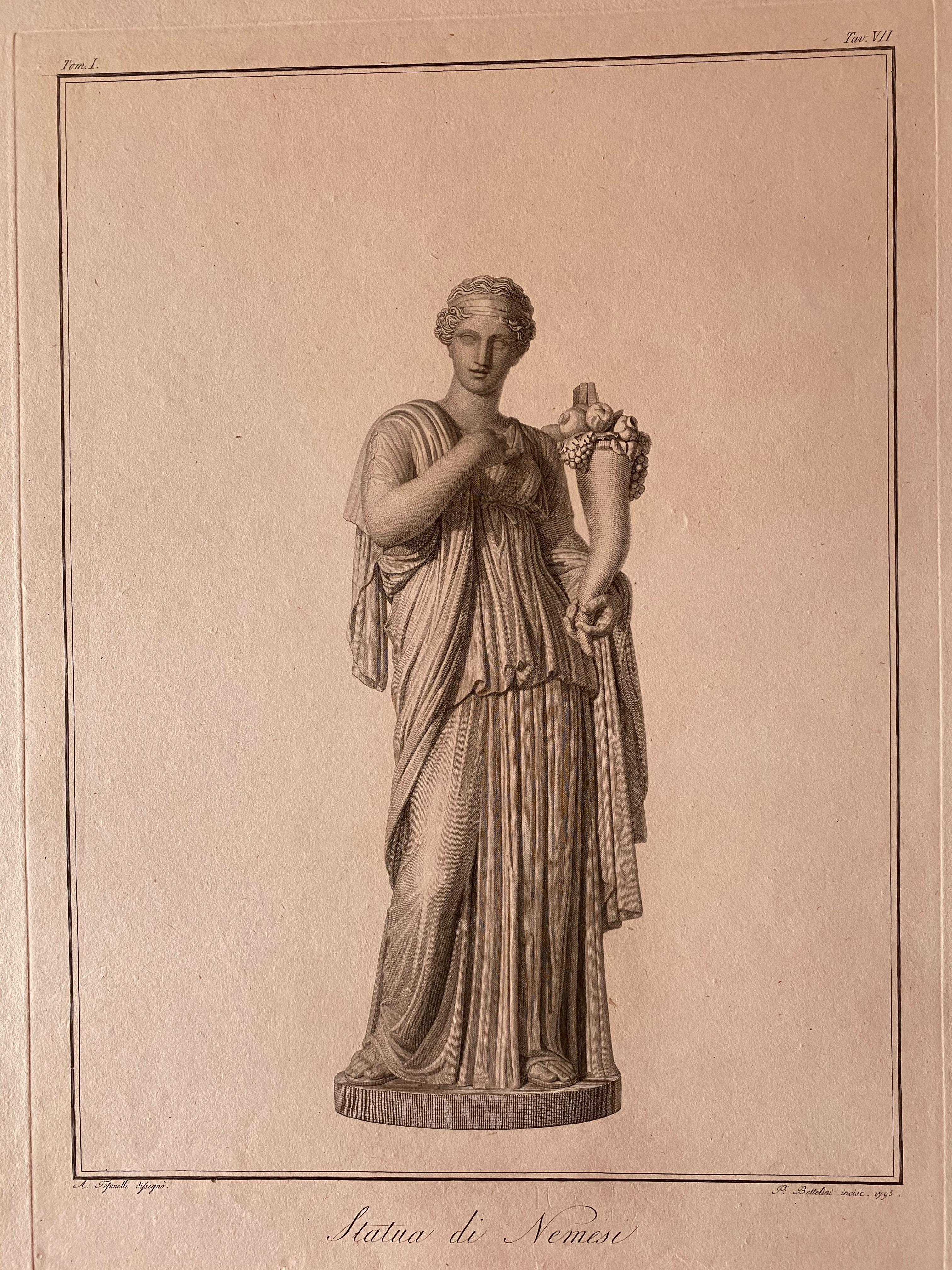 Nemesis Statue (Original title: Statua di Nemesi) is a beautiful black and white burin and etching on paper, realized by the artist Pietro Bettelini (Caslano, 1763 – Rome, 1829), after Agostino Tofanelli (Lucca, 1770 - Rome, 1834), as the