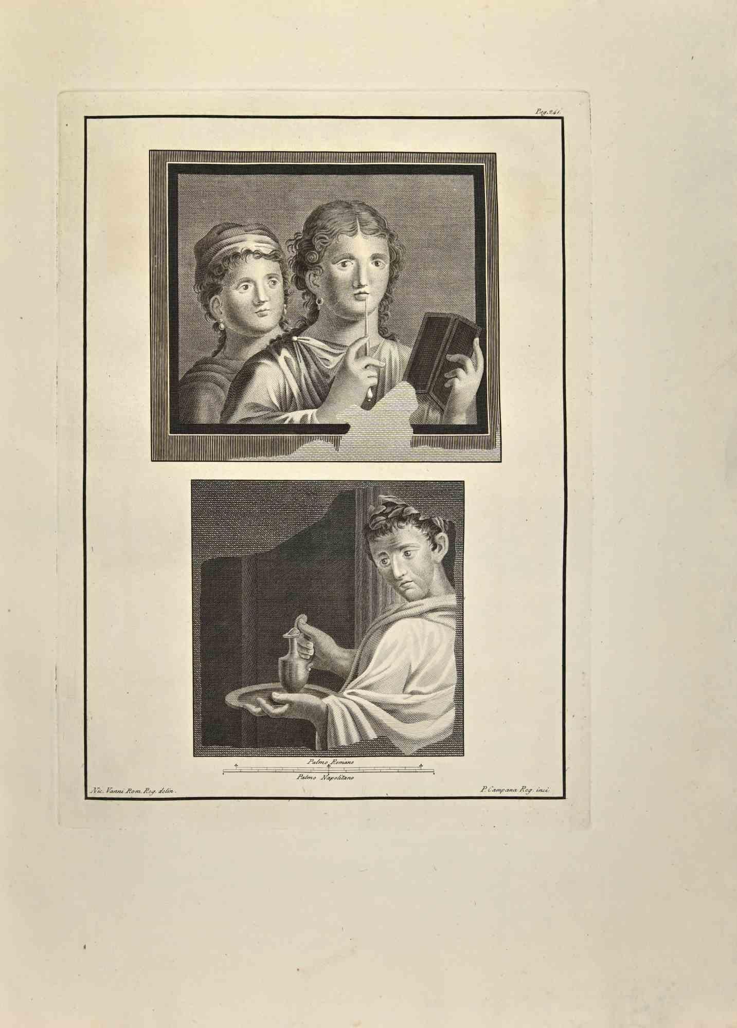 Young Poets Pompeian Fresco from "Antiquities of Herculaneum" is an etching on paper realized by Pietro Campana in the 18th Century.

Signed on the plate.

Good conditions with some folding.

The etching belongs to the print suite “Antiquities of