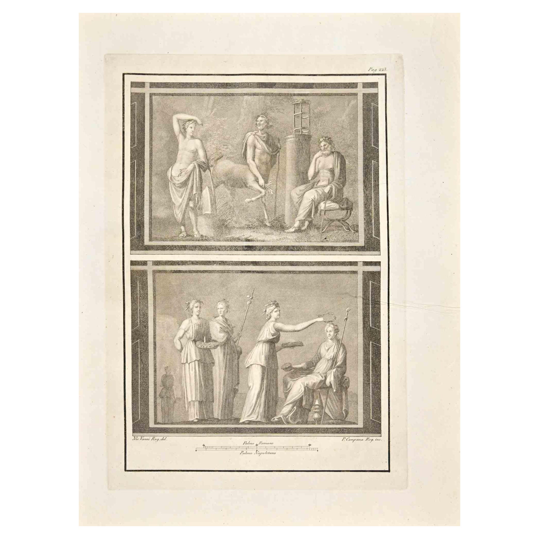 Ancienne gravure romaine Fresco Herculaneum - P. Campana - 18ème siècle