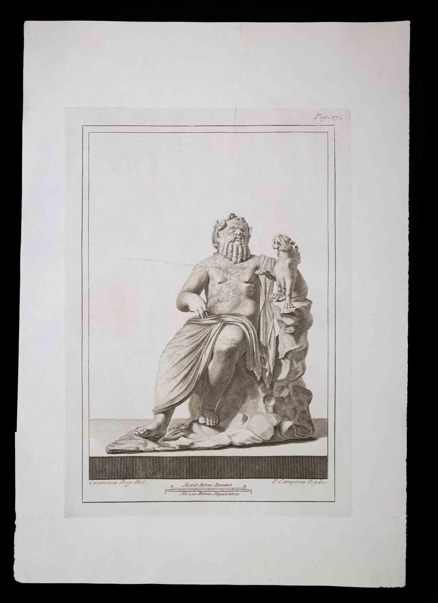 Ancient Roman Statue, from the series "Antiquities of Herculaneum", is an original etching on paper realized by P. Campana in the 18th Century.

Signed on the plate, on the lower right.

Good conditions with slight folding.

The etching belongs to
