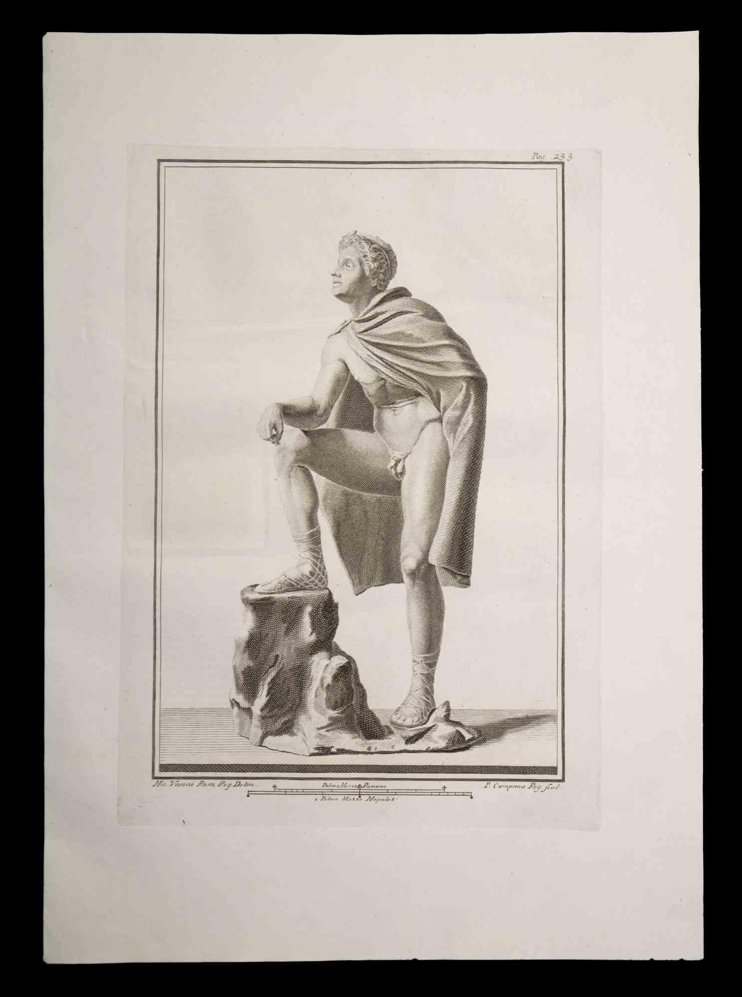 Ancient Roman Statue, from the series "Antiquities of Herculaneum", is an original etching on paper realized by P. Campana in the 18th century.

Signed on the plate, on the lower right.

Good conditions with slight folding.

The etching belongs to