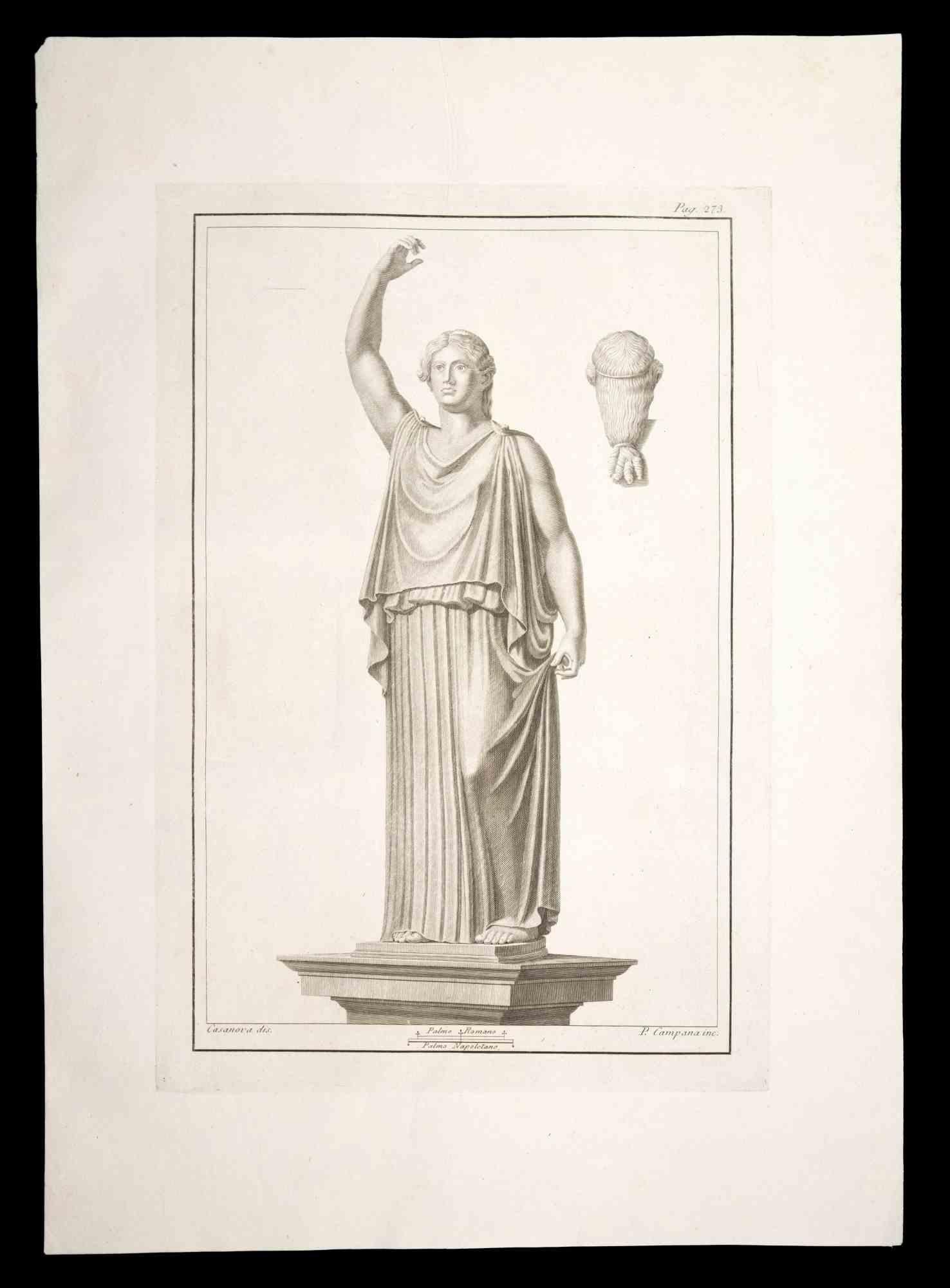 Ancient Roman Statue, from the series "Antiquities of Herculaneum", is an original etching on paper realized by P. Campana in the 18th Century.

Signed on the plate, on the lower right.

Good conditions with slight folding.

The etching belongs to