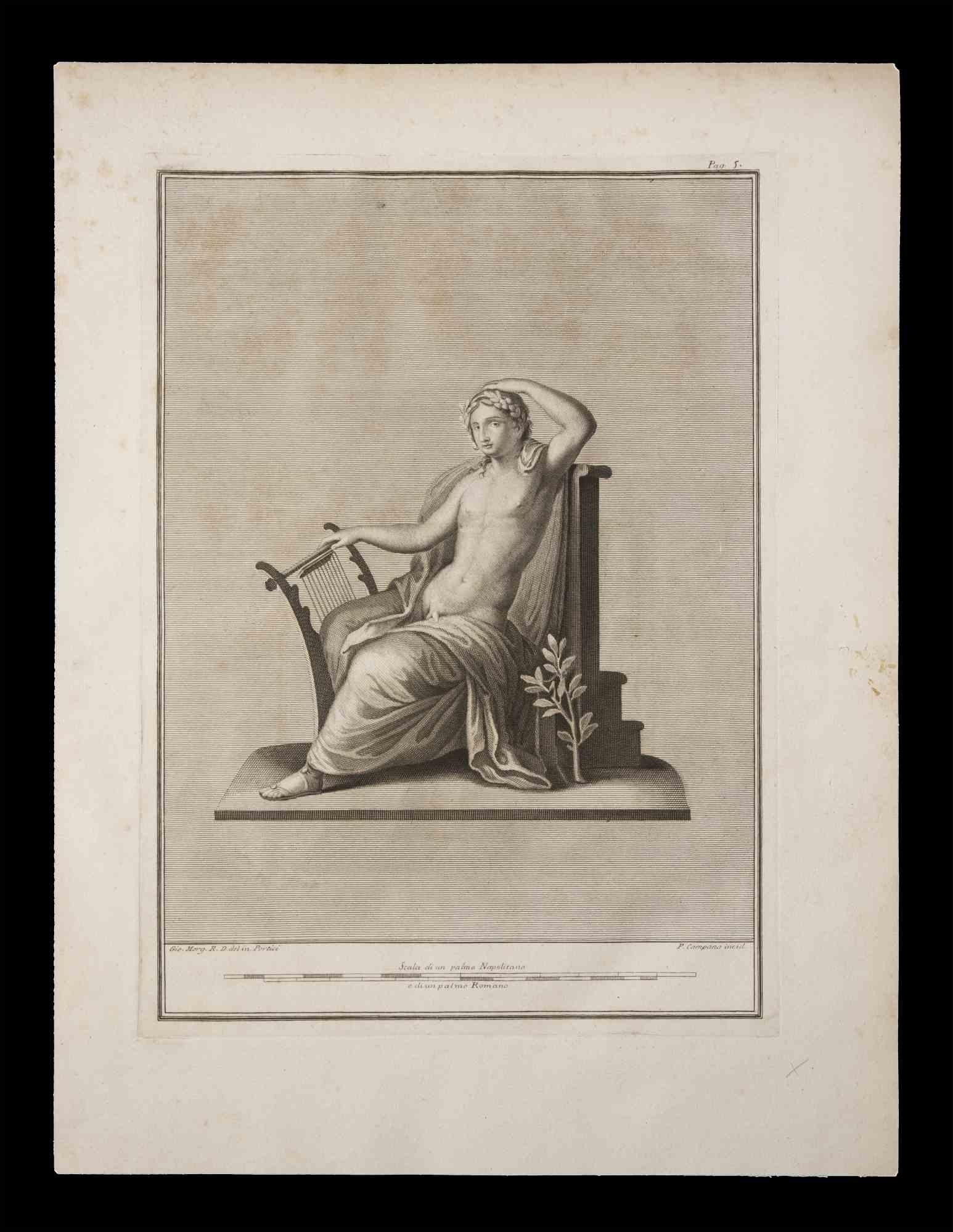 Ancient Roman Statue, from the series "Antiquities of Herculaneum", is an original etching on paper realized by P. Campana in the 18th century.

Signed on the plate, on the lower right.

Good conditions with minor stain and foxing.

The etching