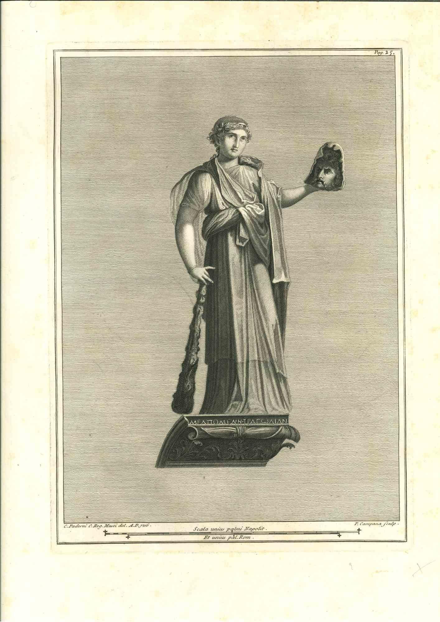 Antigua estatua romana, de la serie "Antigüedades de Herculano", es un aguafuerte original sobre papel realizado por P. Campana en el siglo XVIII.

Firmado en la placa, en la parte inferior derecha.

Buenas condiciones excepto por algunos
