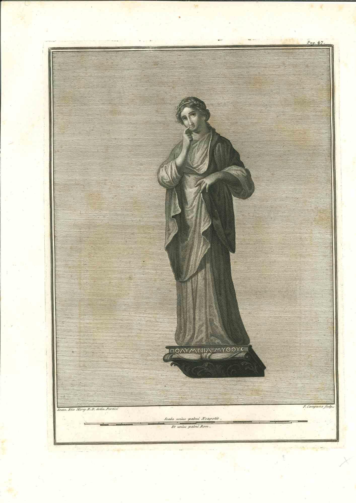 Antike römische Statue, aus der Serie "Antiquitäten von Herculaneum", ist eine Originalradierung auf Papier von P. Campana aus dem 18.

Signiert auf der Platte unten rechts.

Guter Zustand bis auf einige Stockflecken.

Die Radierung gehört zu der