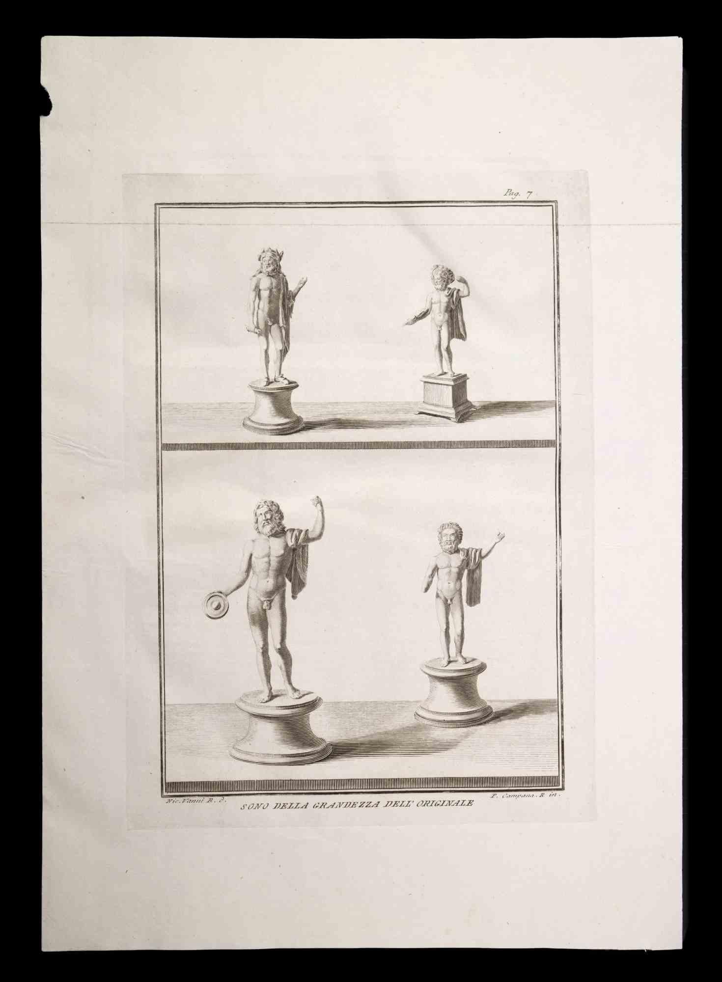 Ancient Roman Statue, from the series "Antiquities of Herculaneum", is an original etching on paper realized by P. Campana in the 18th Century.

Signed on the plate, on the lower right.

Good conditions.

The etching belongs to the print suite
