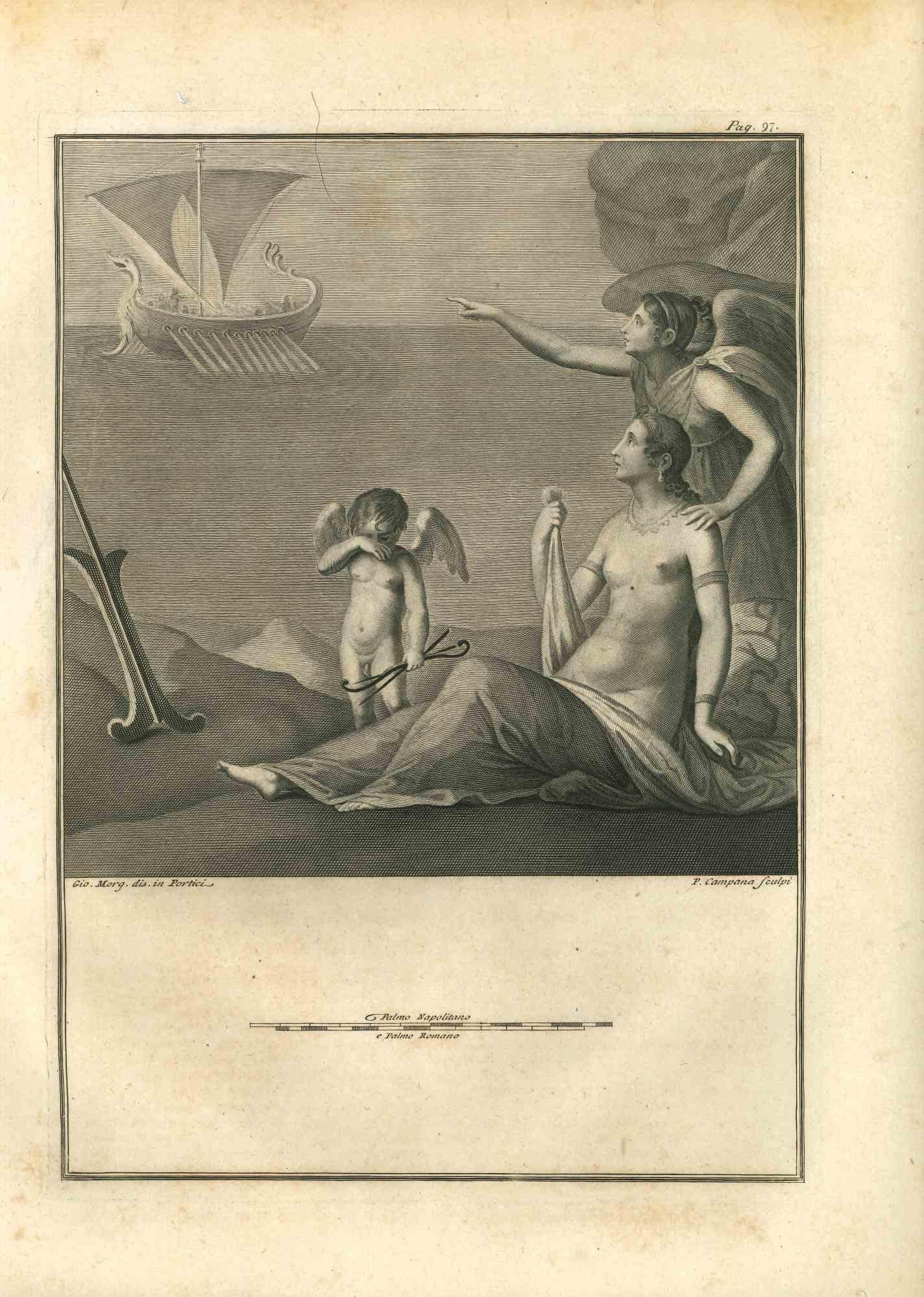 Odysseus ship and goddess on the shore from the series "Antiquities of Herculaneum", is an original etching on paper realized by P.  Campana in the 18th century.

Signed on the plate.

Good conditions except for some minor stains.

The etching