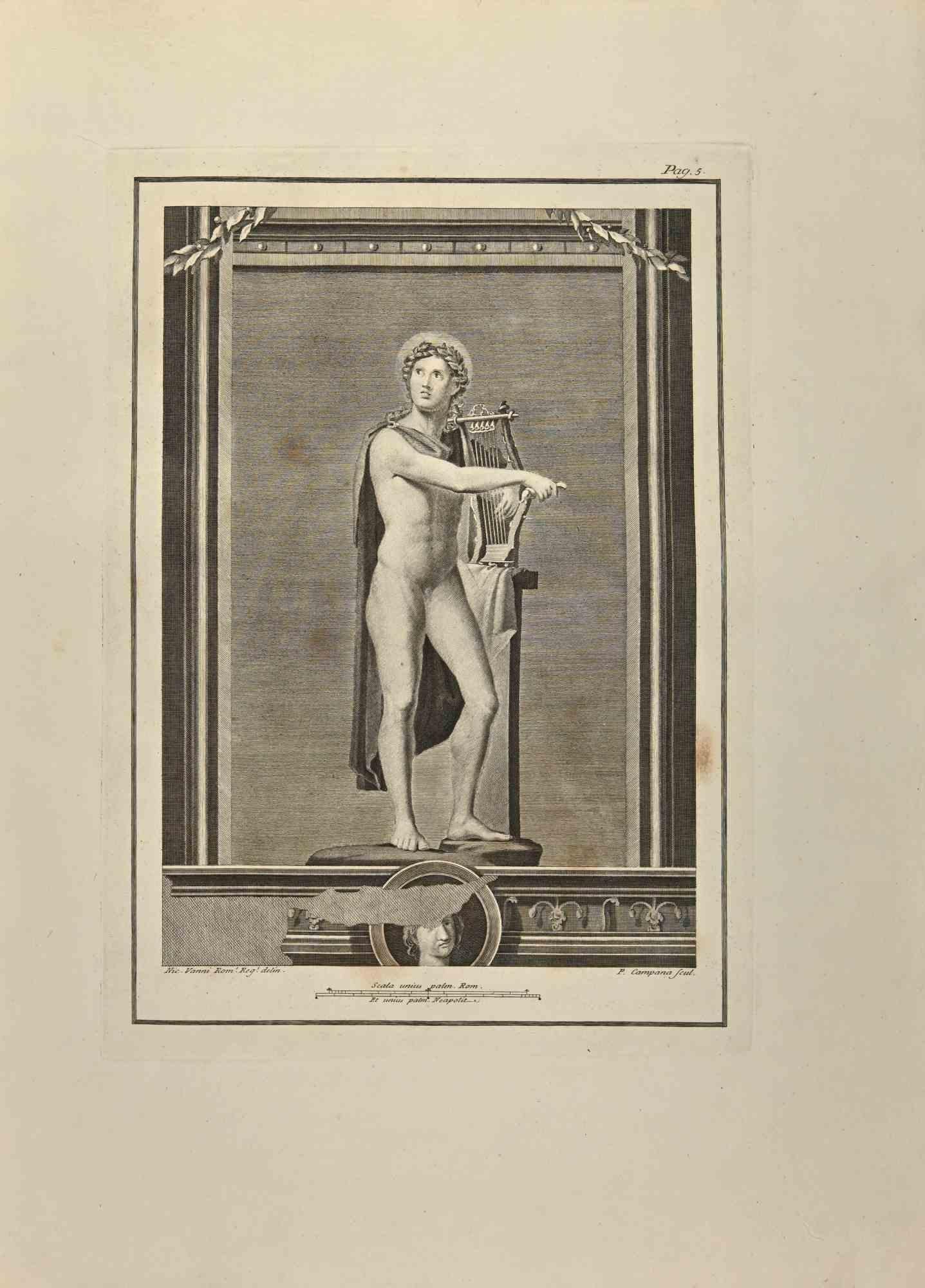 Der Gott Apollo mit seiner Leier aus den "Altertümern von Herculaneum" ist eine Radierung auf Papier von Pietro Campana aus dem 18. Jahrhundert.

Signiert auf der Platte.

Guter Zustand mit gealterten Rändern und einigen Faltungen.

Die Radierung