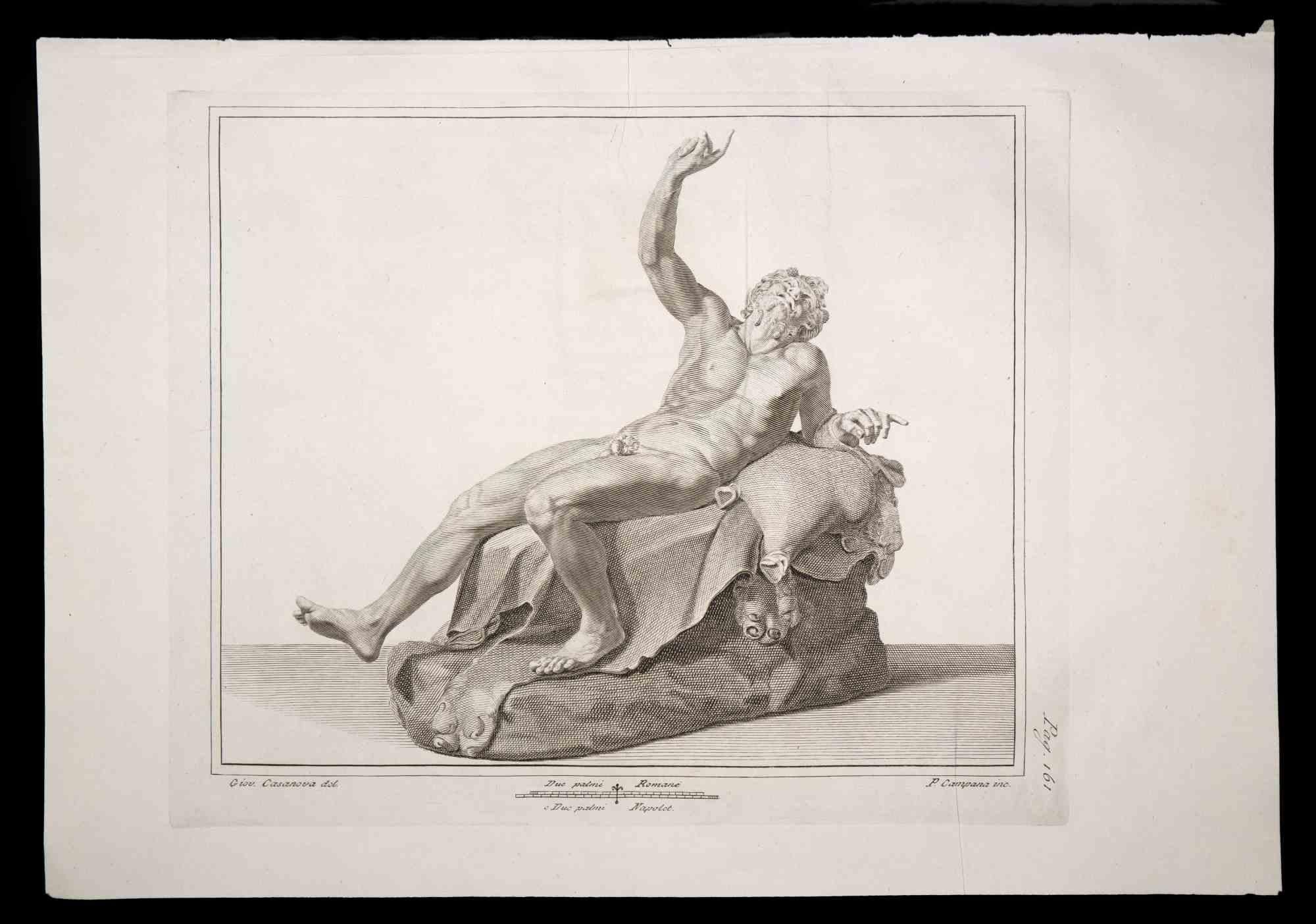Figurative Print Pietro Campana - Dionysos, ancienne statue romaine -  Gravure de P. Campana - 18e siècle