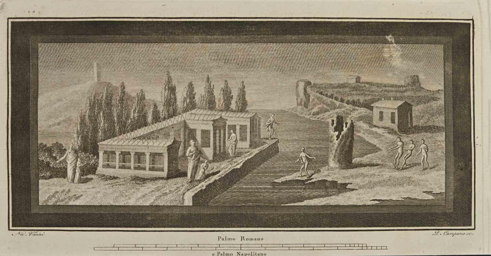 Inondation dans un ancien village romain des "Antiquités d'Herculanum" est une gravure sur papier réalisée par Pietro Campana au 18ème siècle.

Signé sur la plaque.

Bonnes conditions.

La gravure appartient à la suite d'estampes "Antiquités