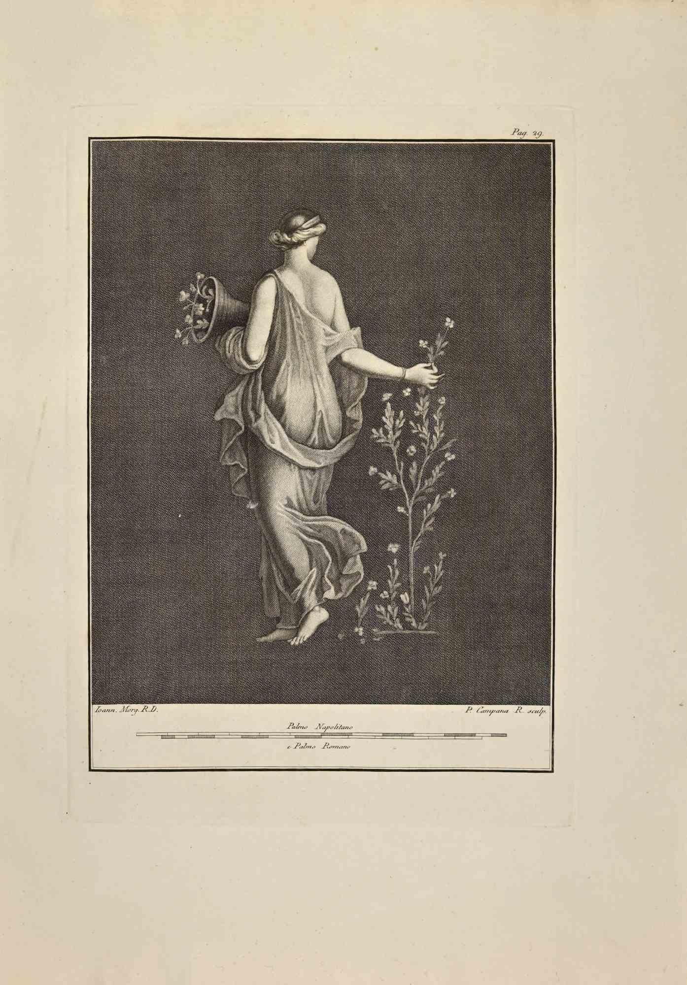 Flora Goddess, Allegory Of Spring aus "Antiquities of Herculaneum" ist eine Radierung auf Papier von Pietro Campana aus dem 18.

Signiert auf der Platte.

Guter Zustand mit einigen Faltungen.

Die Radierung gehört zu der Druckserie "Antiquities of