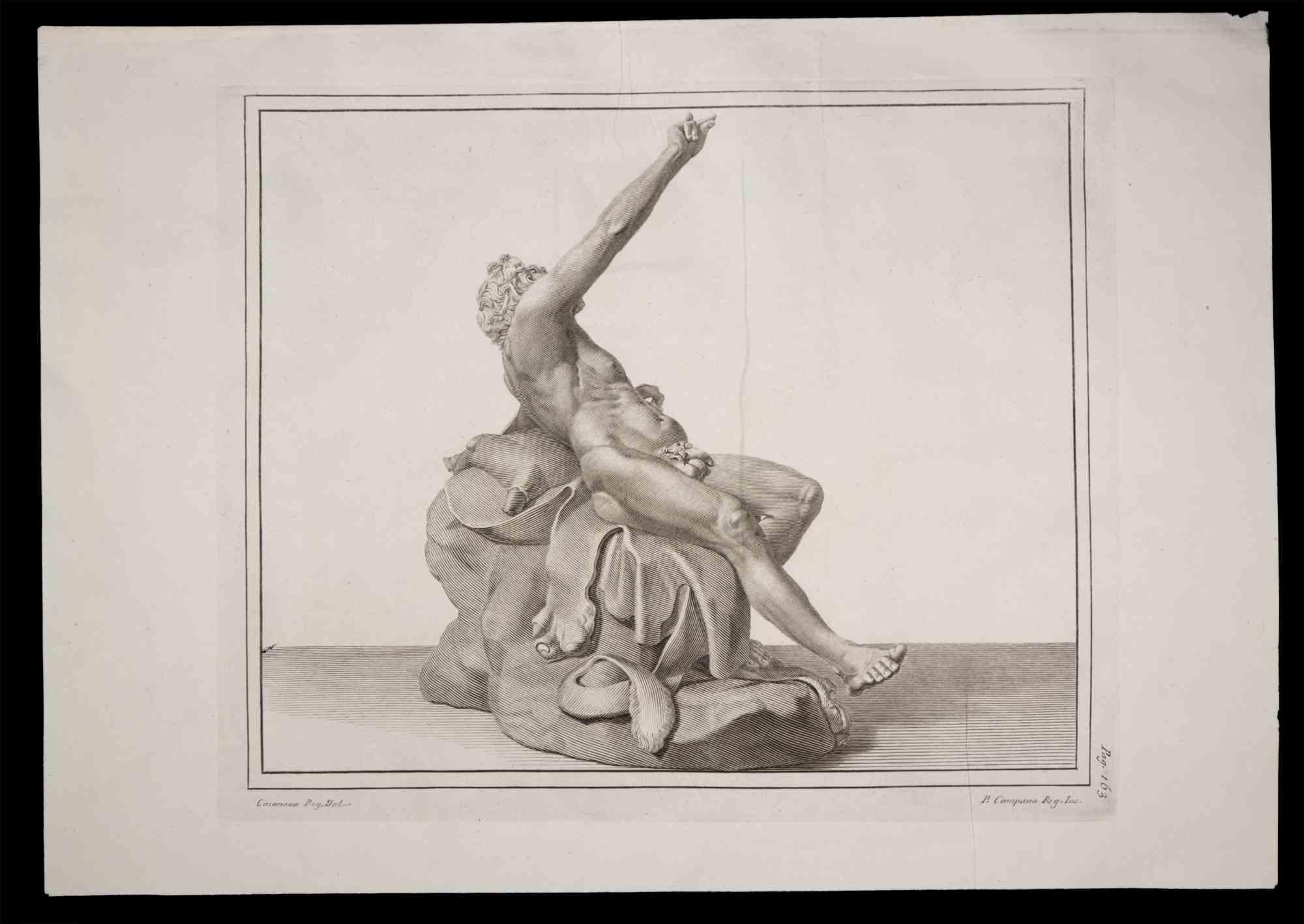 Pietro Campana Figurative Print - Hercules, Ancient Roman Statue - Etching by P. Campana - 18th century
