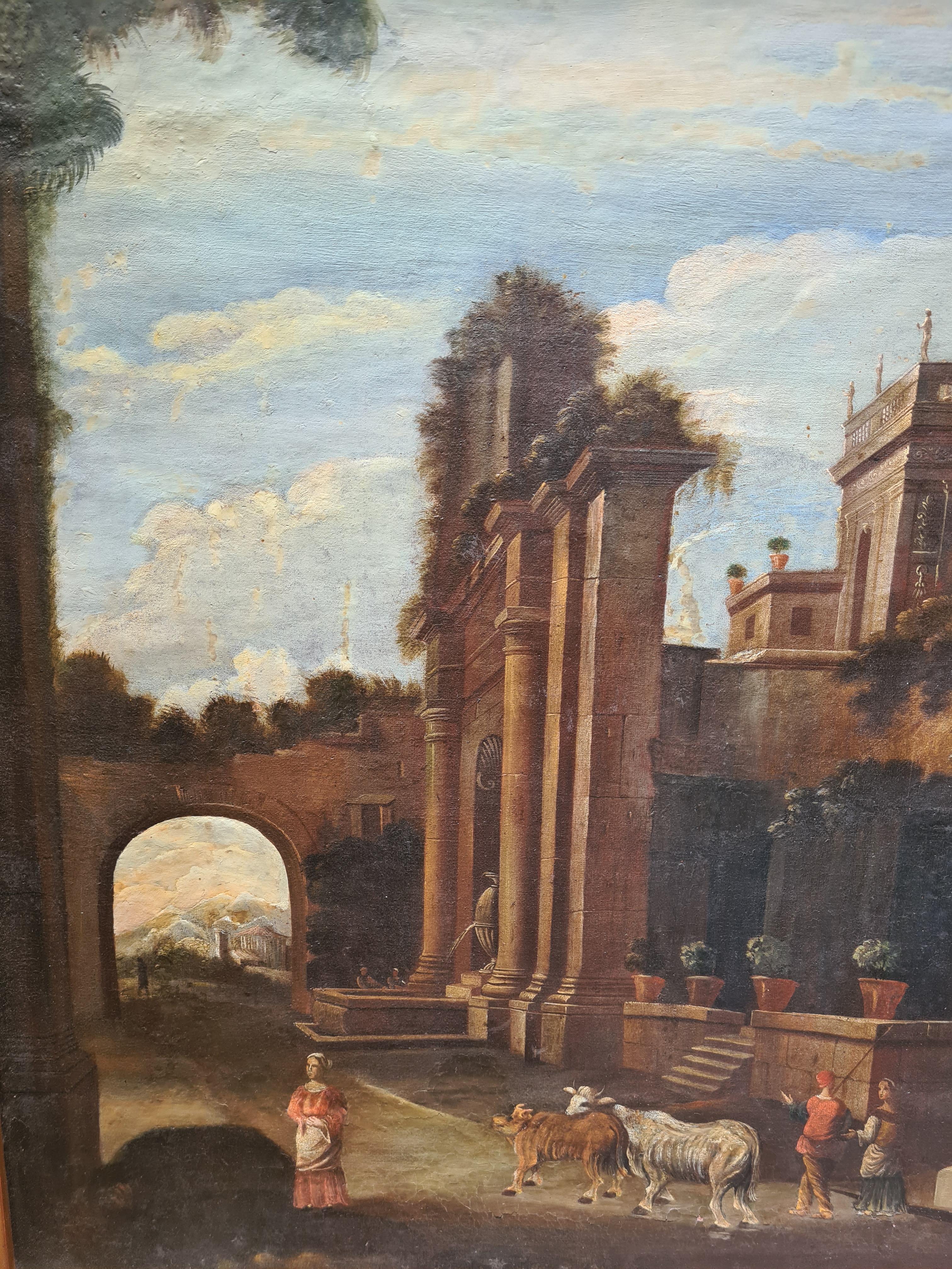 Grand Tour Pintura Veduta Capriccio del siglo XVIII, según Gennaro Greco en venta 5