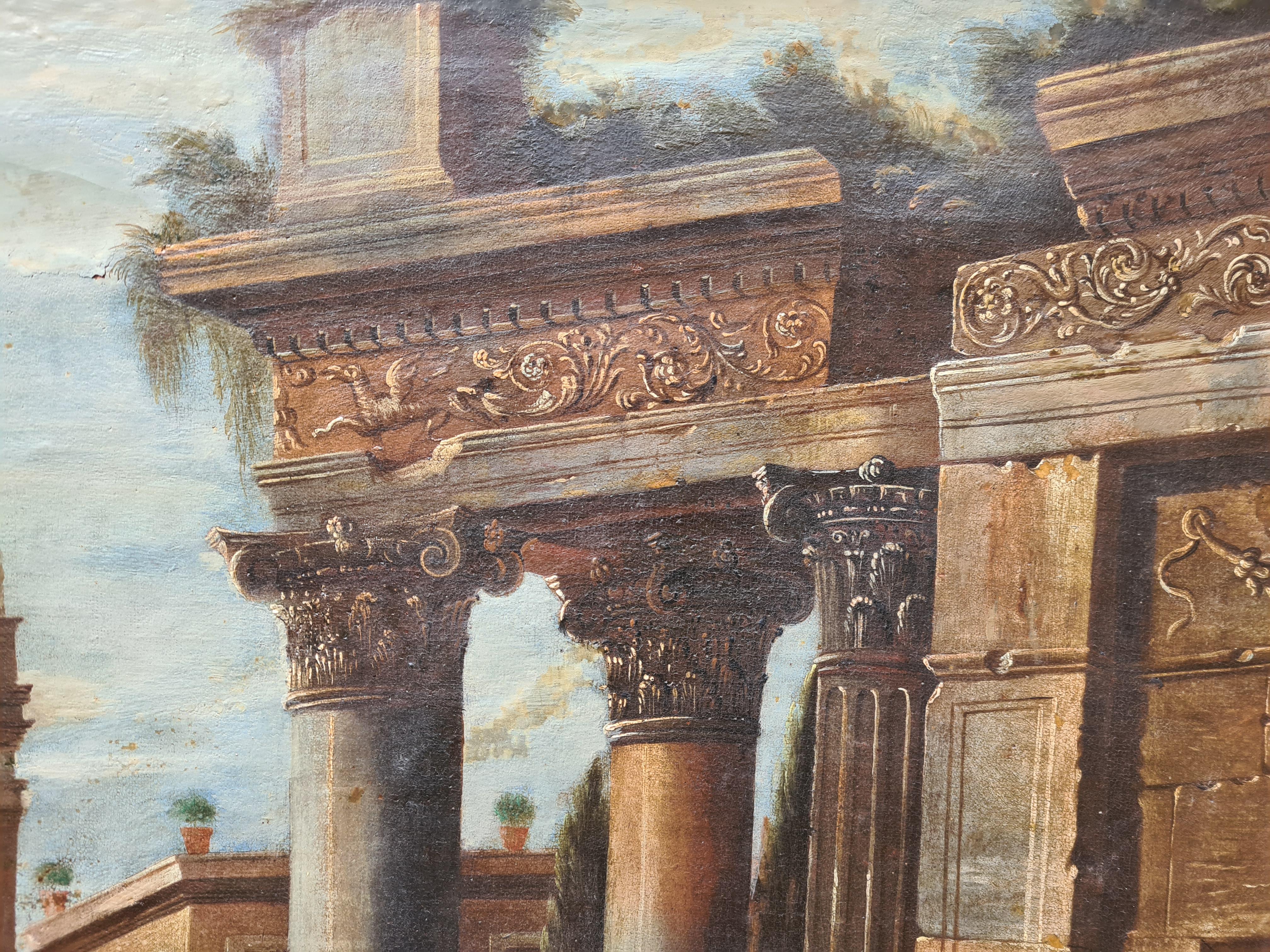 Grand Tour Pintura Veduta Capriccio del siglo XVIII, según Gennaro Greco - Painting Barroco de Pietro Cappelli