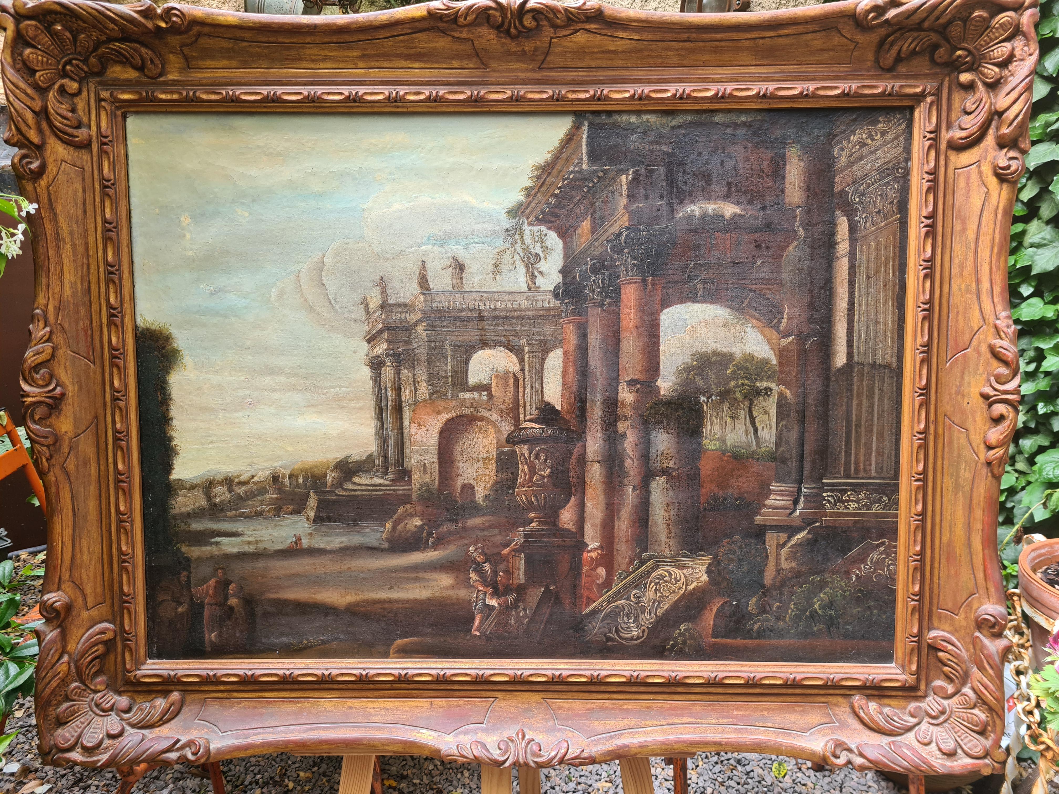 Grande dipinto Grand Tour del 18° secolo con Capriccio e rovine romane di Gennaro Greco - Painting di Pietro Cappelli