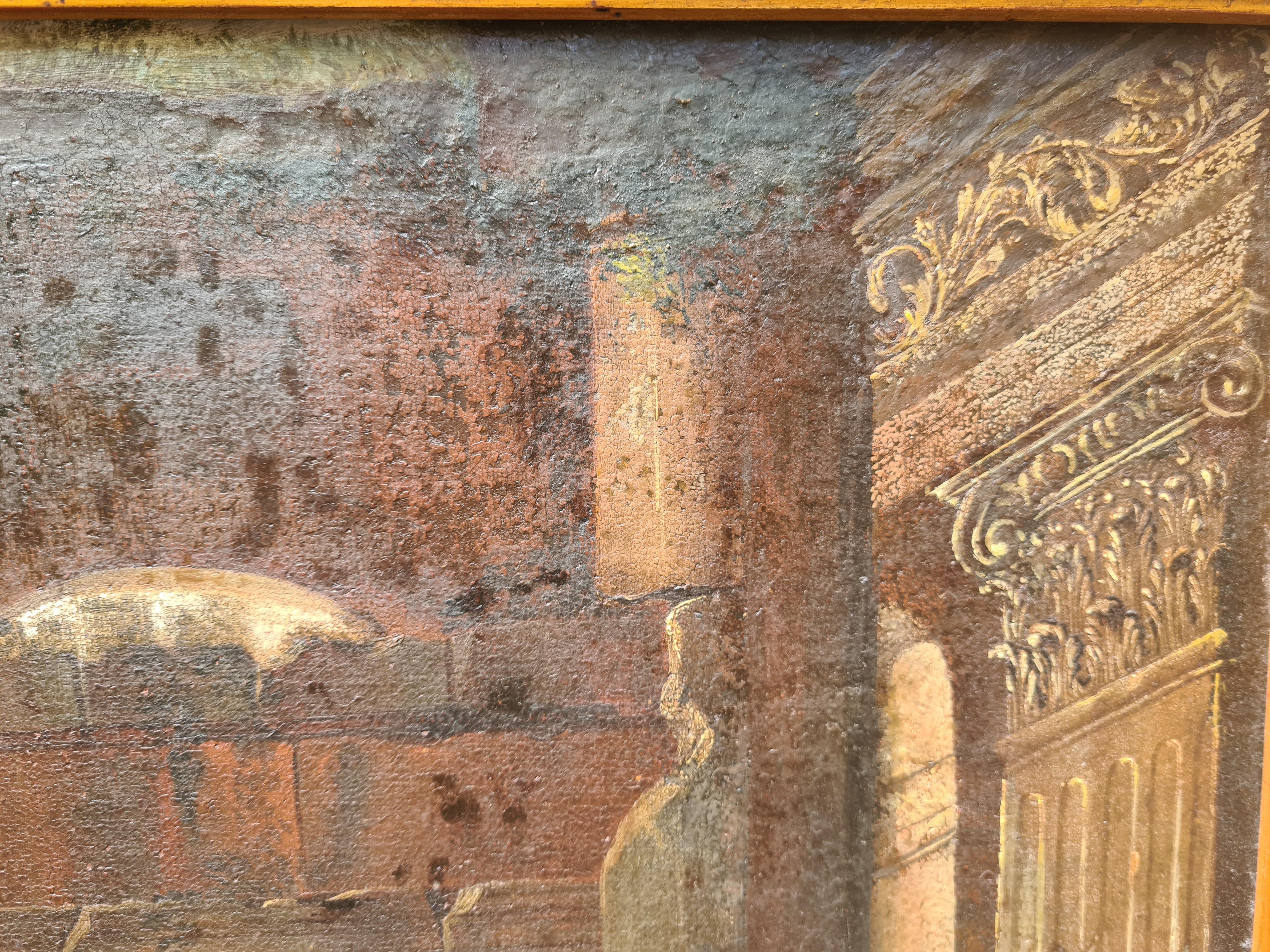Una bella e grande veduta capriccio del XVIII secolo con rovine di un tempio di Gennaro Greco della cerchia di Pietro Cappelli. Il dipinto è presentato in una cornice più moderna in legno dorato intagliato. Questo dipinto fa parte di una coppia,