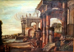 Large Grand Tour 18th Century Capriccio Painting Roman Ruins after Gennaro Greco