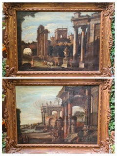 Antique Pair of Grand Tour 18th Century Veduta Capriccio Paintings, After Gennaro Greco