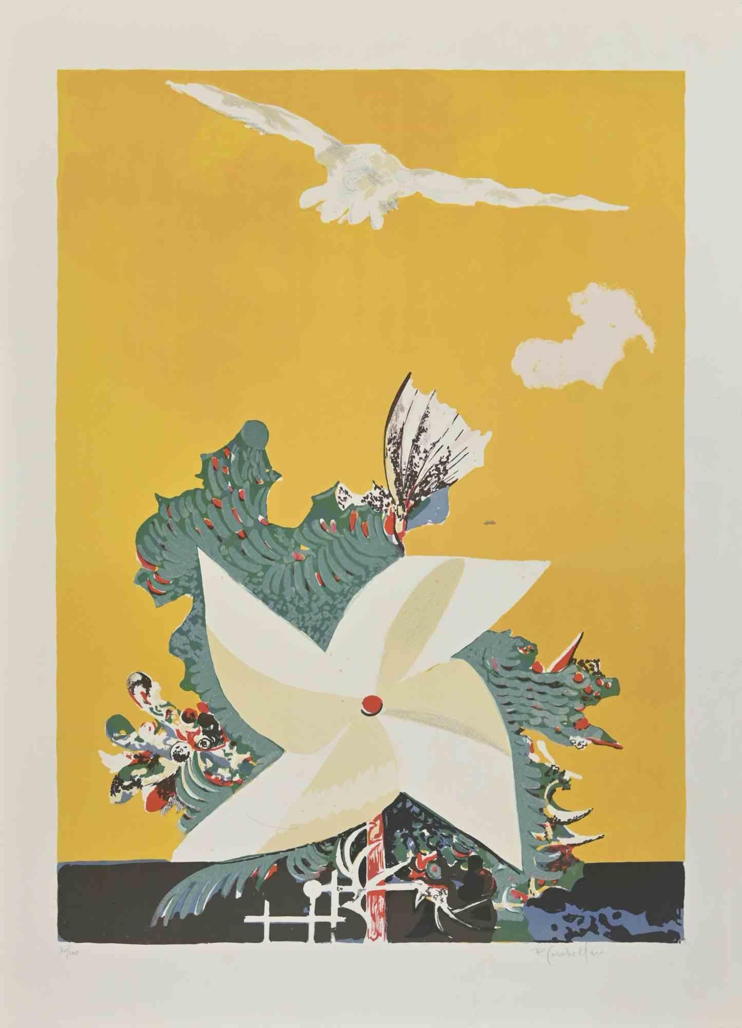 Pinwheel  is a lithograph realized by Pietro Carabellese in 1980.

Hand-signed  on the bottom right. Numbered  on the bottom left 70/100.

Good conditions.

The artwork illustrates a ludic scenery with a pinwheel in the center as the main element
