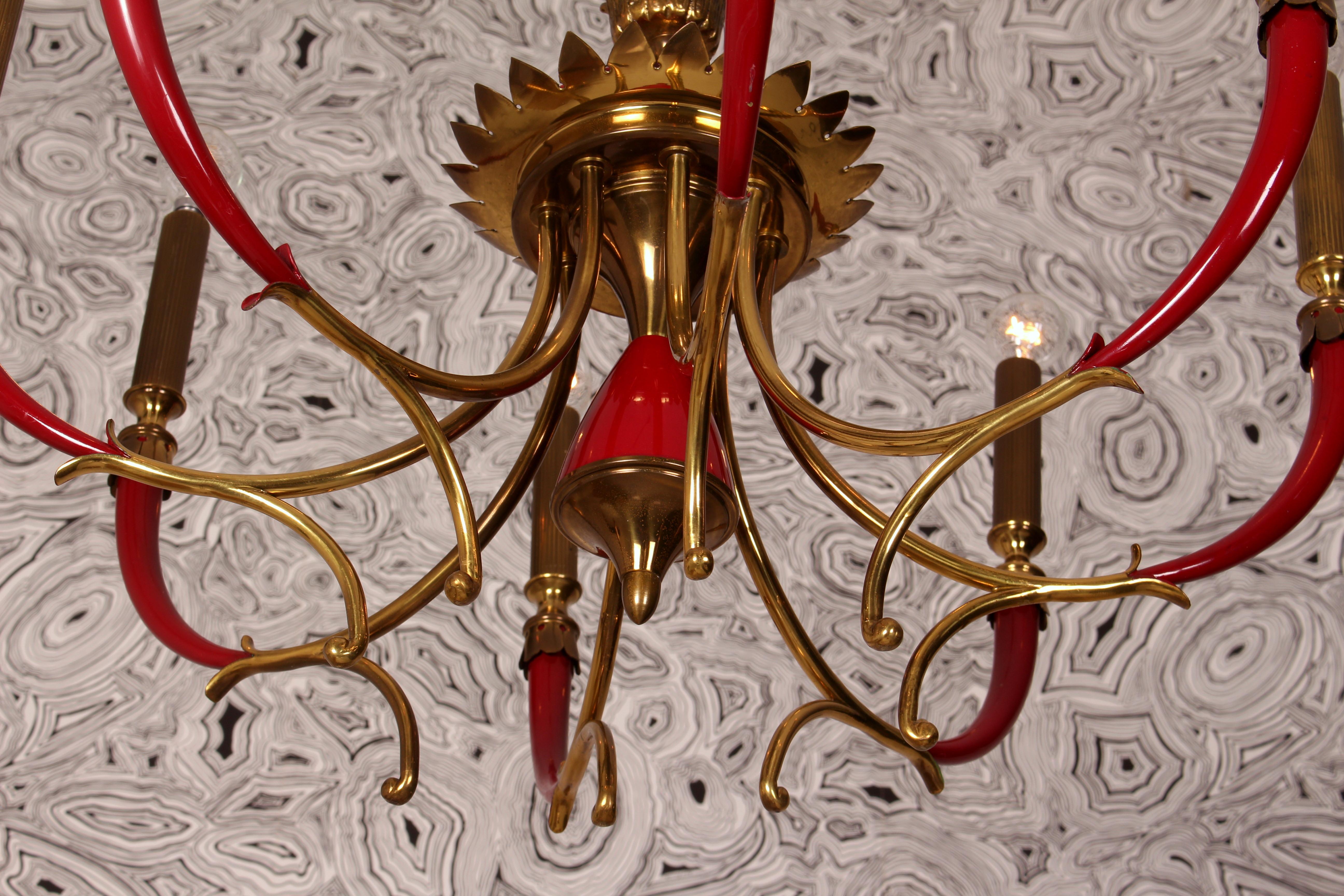 Pietro Chiesa 1940s Solid Brass Venice Red Lacquered Italian Chandelier Arteluce 5