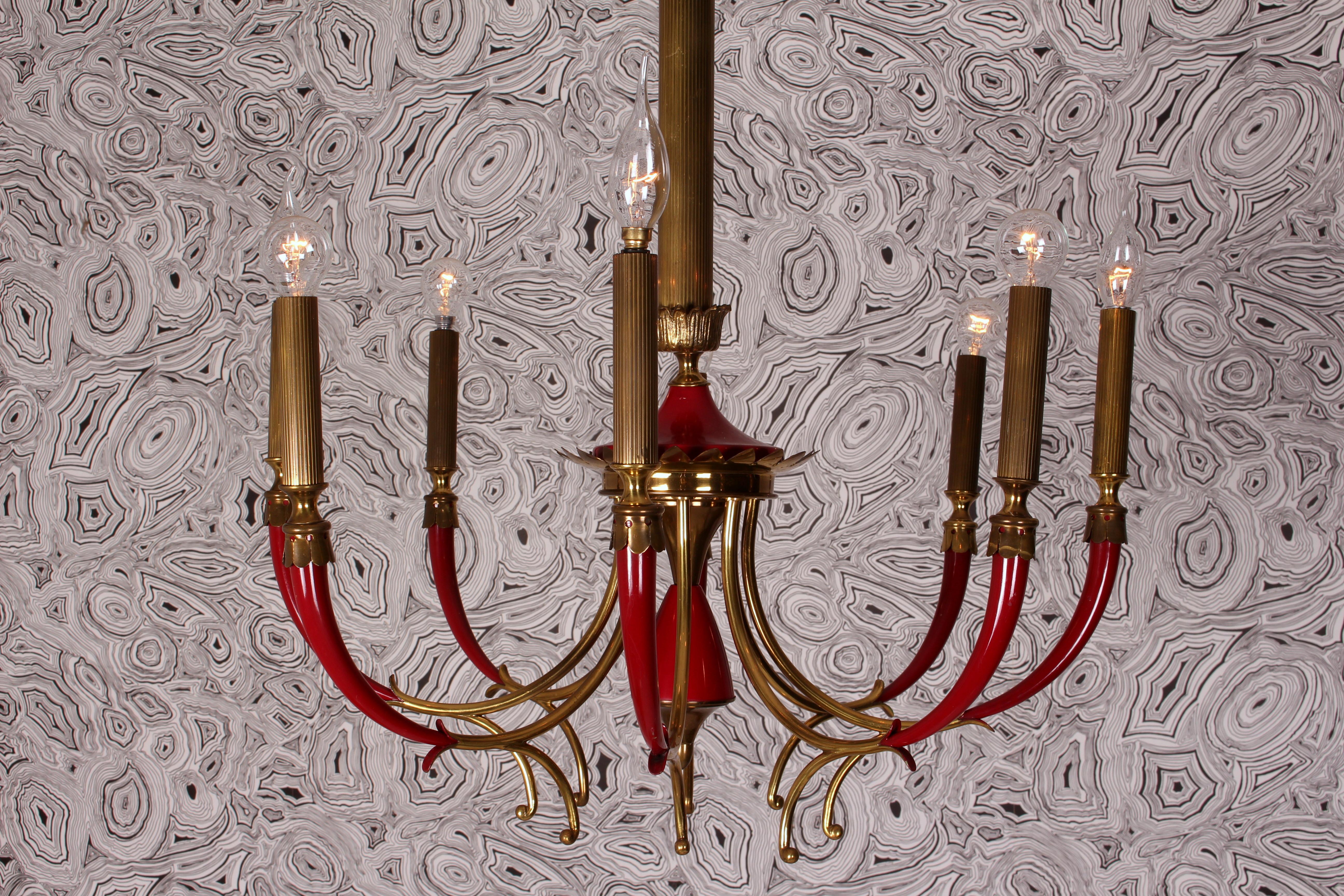 Pietro Chiesa 1940s Solid Brass Venice Red Lacquered Italian Chandelier Arteluce 8