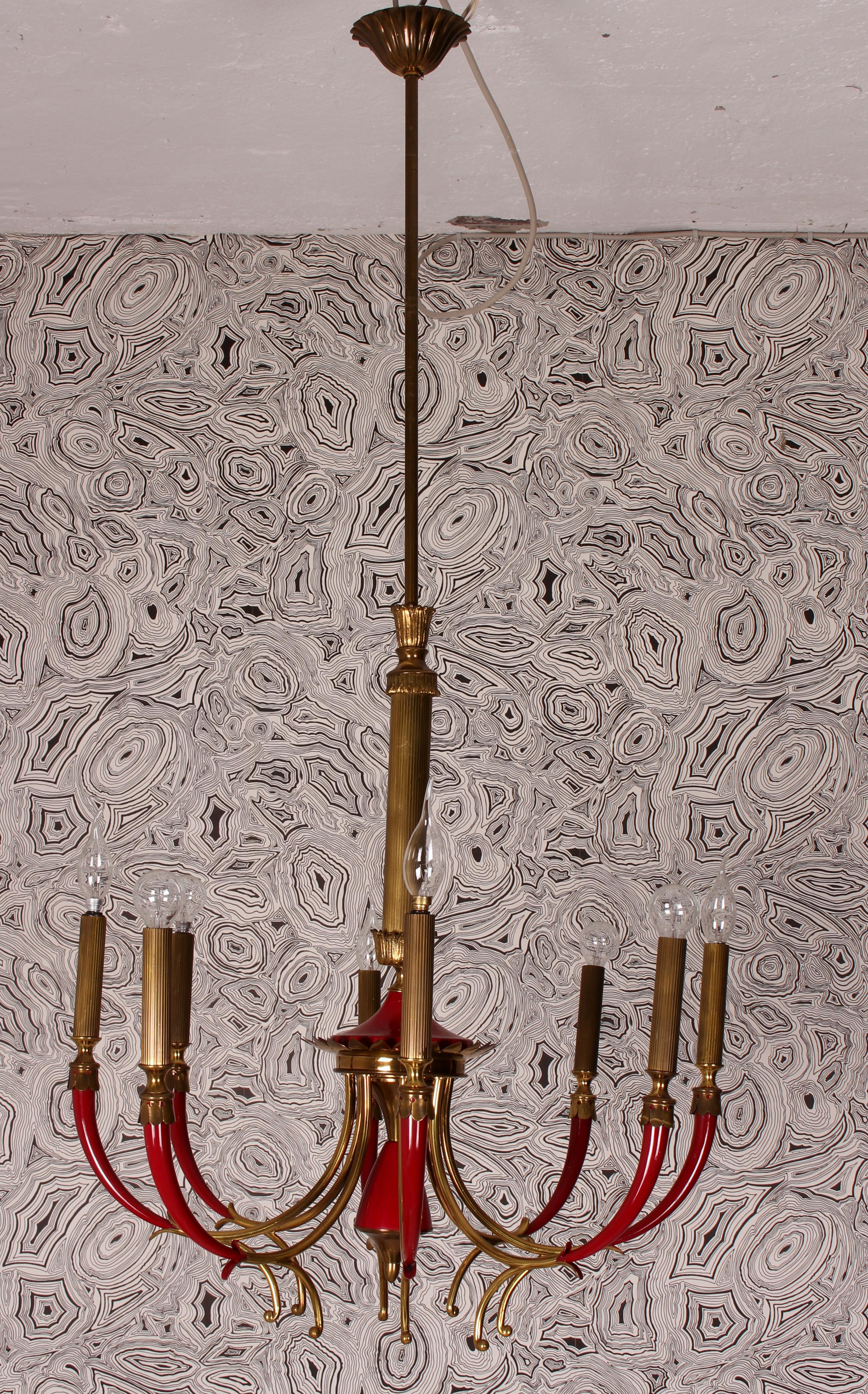 Pietro Chiesa 1940s Solid Brass Venice Red Lacquered Italian Chandelier Arteluce 12