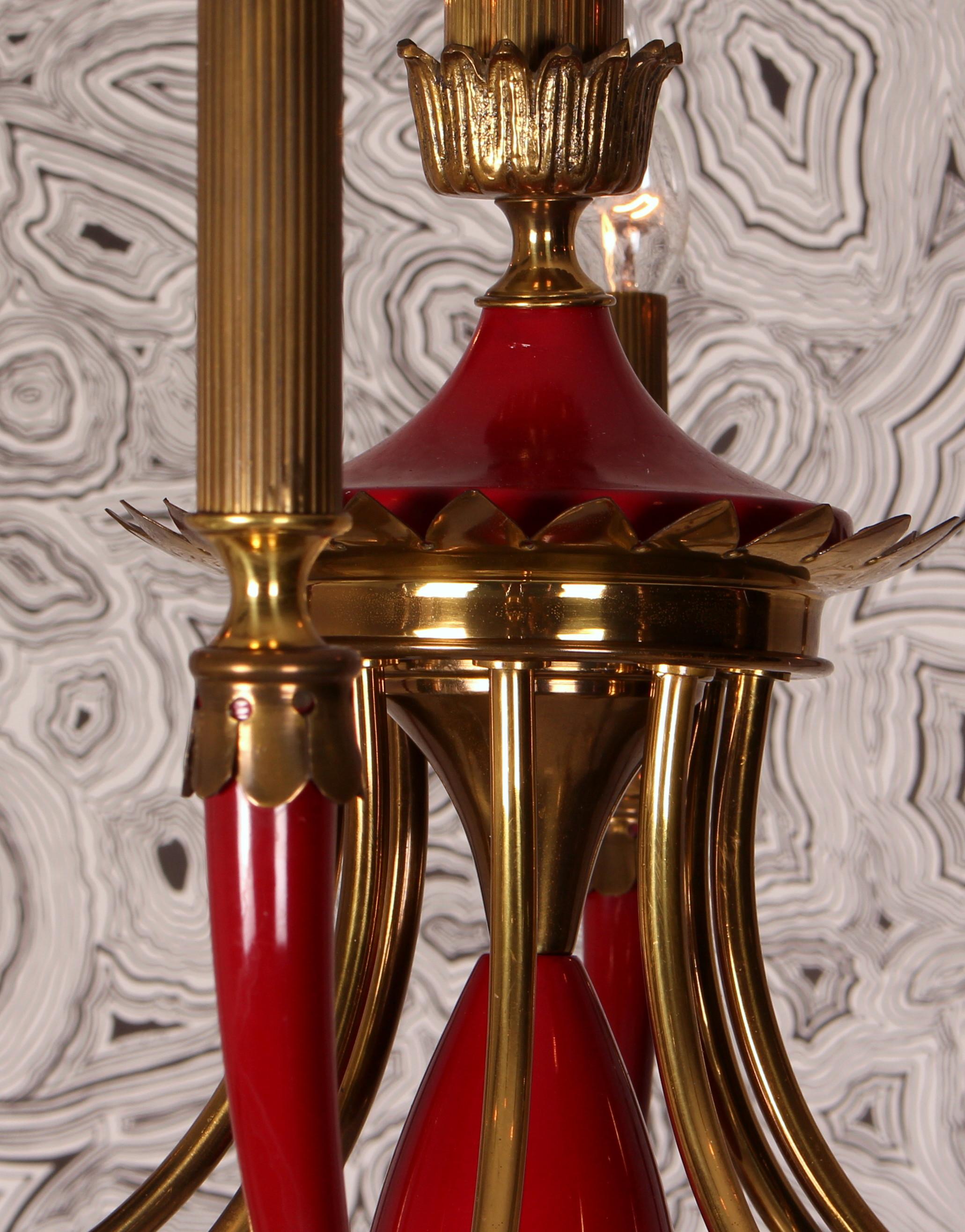 Mid-20th Century Pietro Chiesa 1940s Solid Brass Venice Red Lacquered Italian Chandelier Arteluce