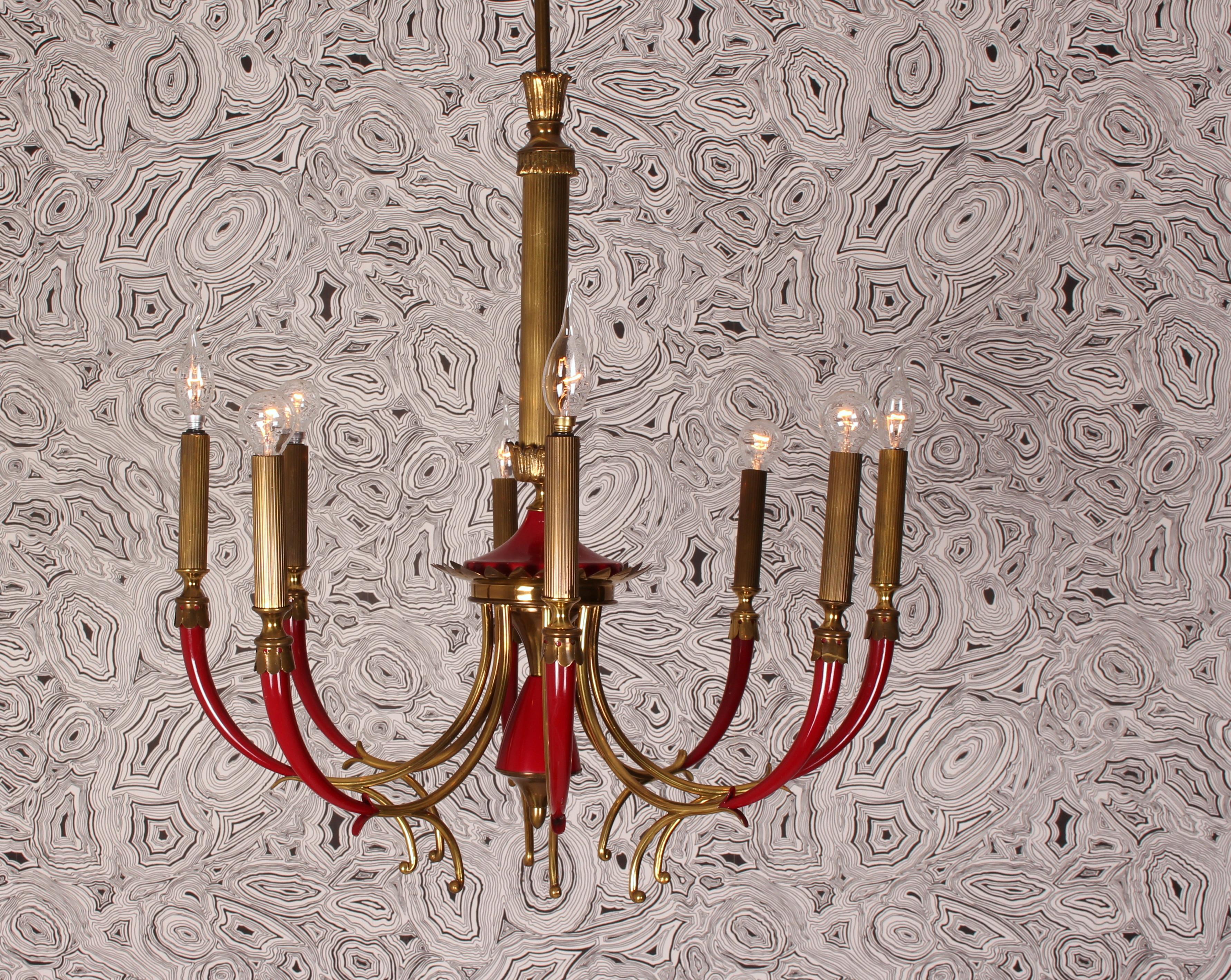 Laque Pietro Chiesa 1940s Solid Brass Venice Red Lacquered Italian Chandelier Arteluce