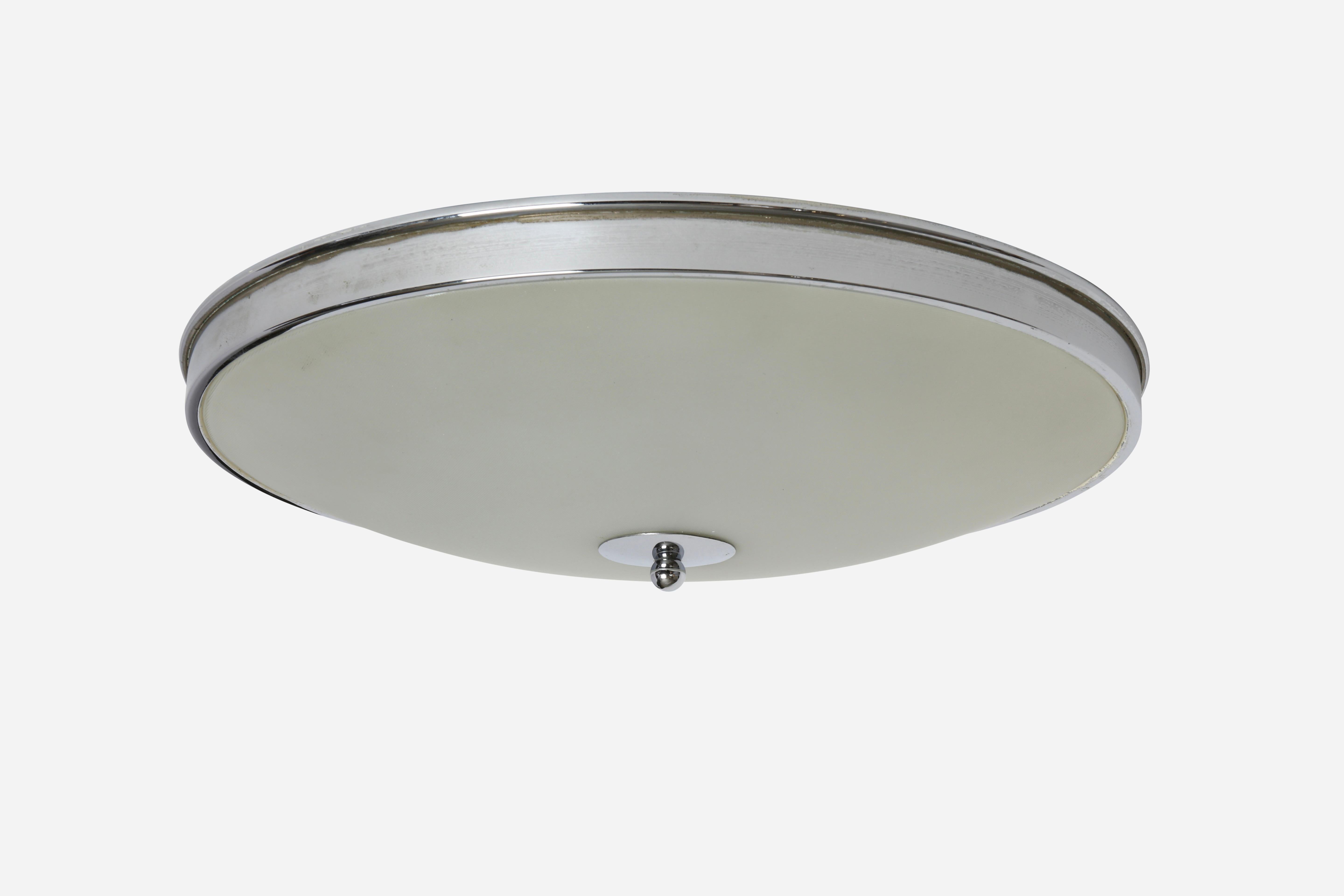 Pietro Chiesa attributed flush mount ceiling light
Made in Italy in 1960s
Textured glass, chrome plated brass.
Takes 3 candelabra bulbs.
Complimentary US rewiring upon request.