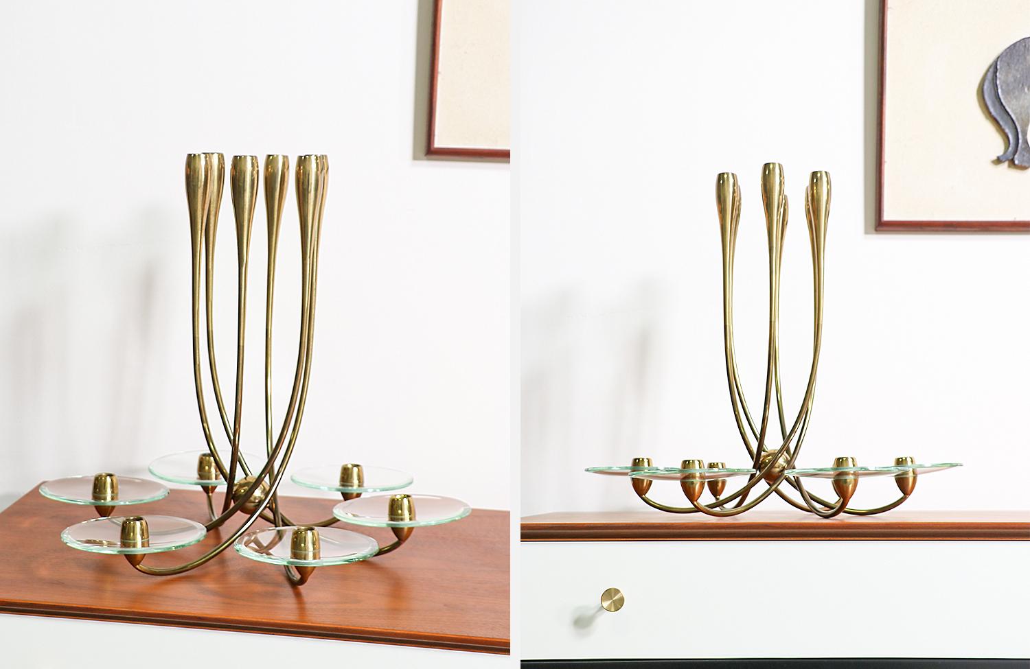 Italian Mid-Century Modern Brass and Glass Candelabra Holder for Fontana Arte For Sale
