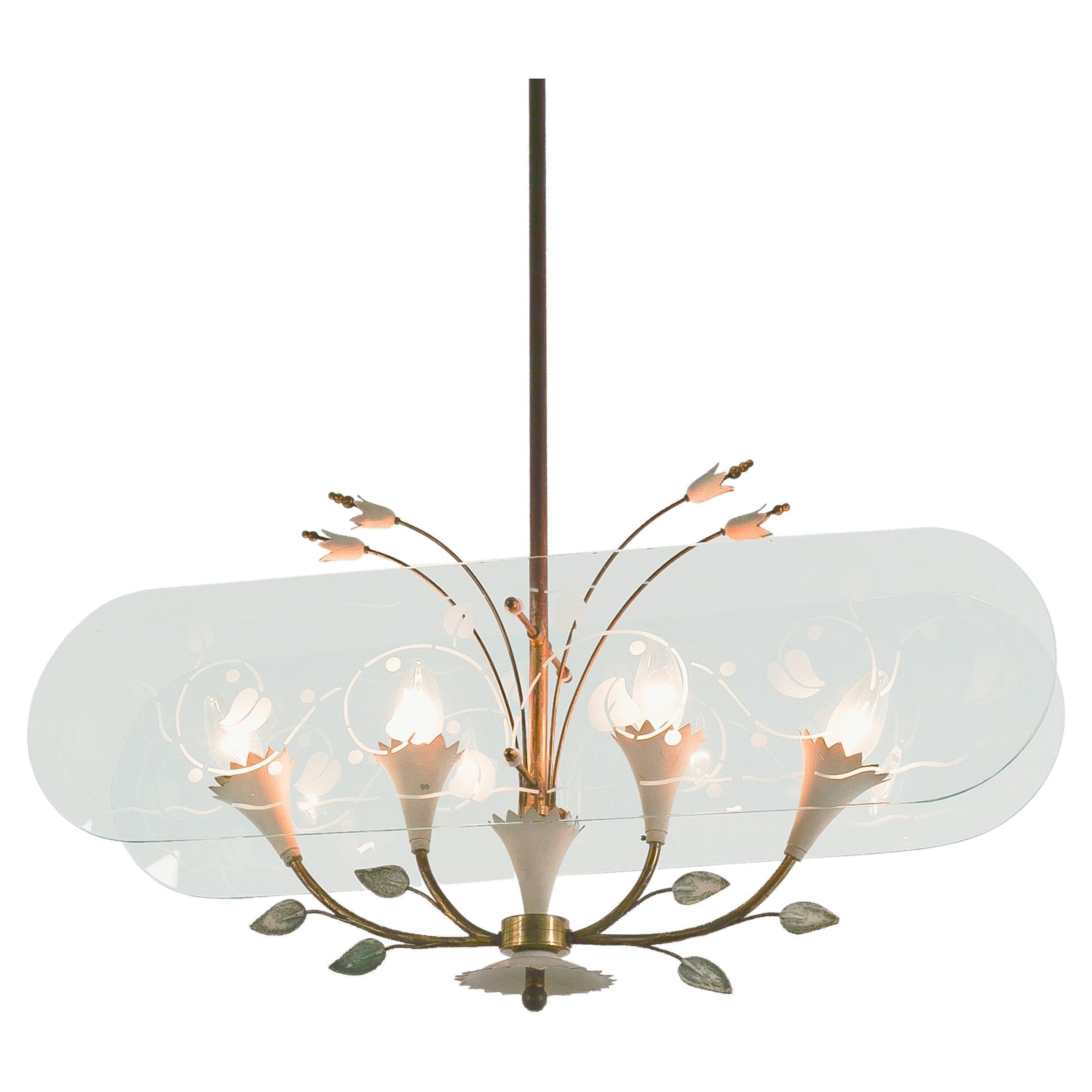 Pietro Chiesa Chandelier Floral Glass with Etched Details Italy, 1950 For Sale