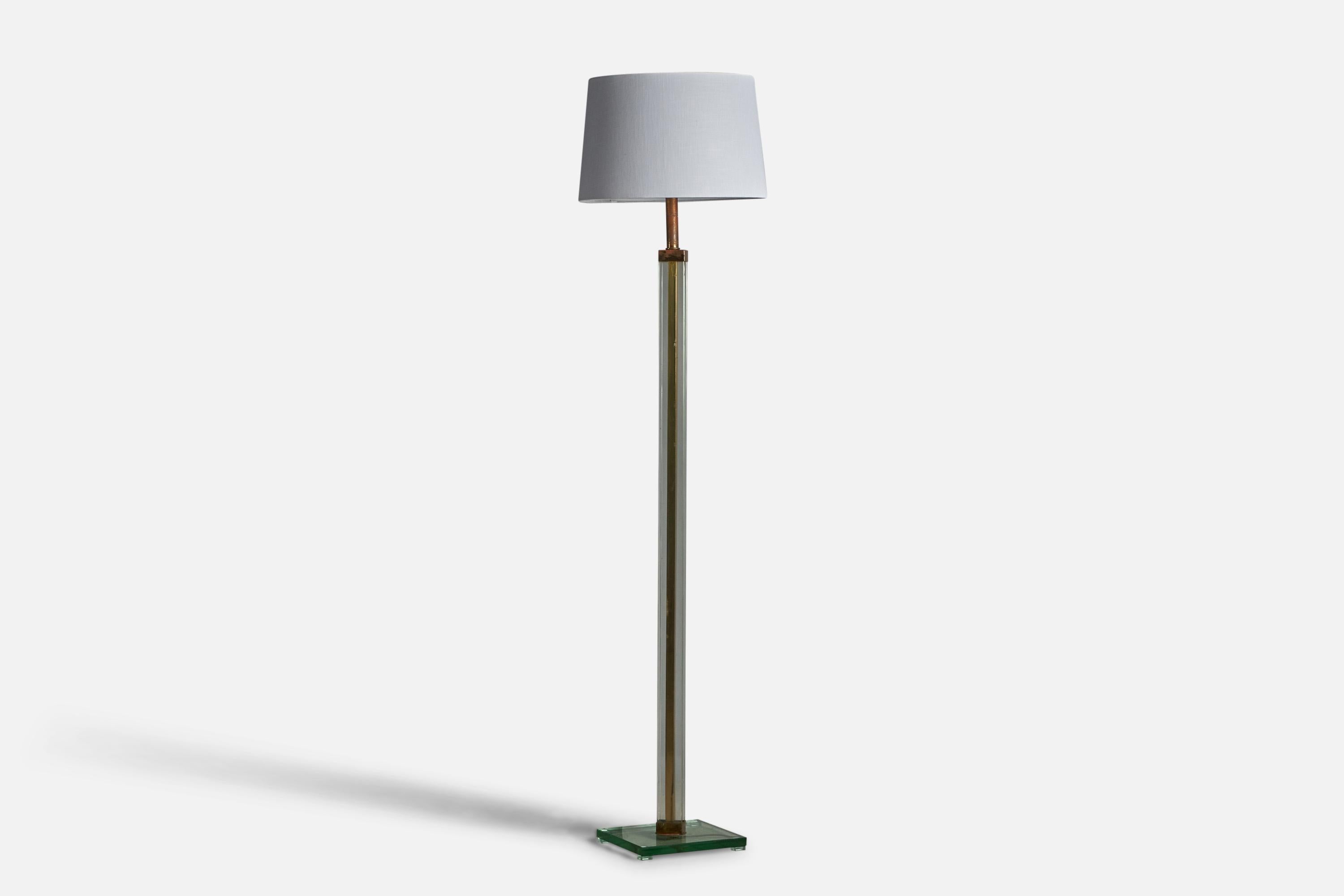 A brass, glass and fabric floor lamp designed by Pietro Chiesa and produced by Fontana Arte, Italy, 1940s.

Dimensions of Lamp (inches): 69.5” H x 10.5” W x 10.25” D
Dimensions of Shade (inches): 15” Top Diameter x 17” Bottom Diameter x 10.75”