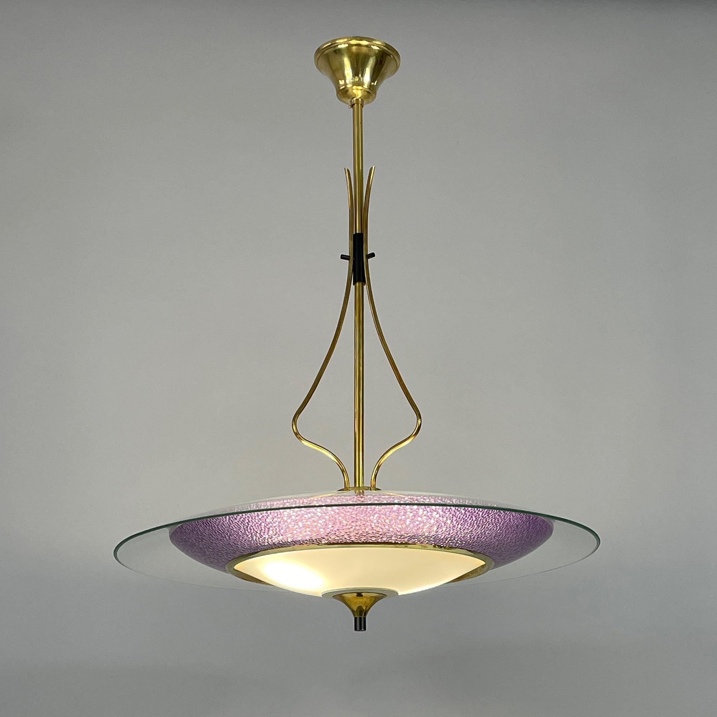 Mid-Century Modern Pietro Chiesa Fontane Arte Style Glass & Brass Chandelier, Italy 1950s For Sale