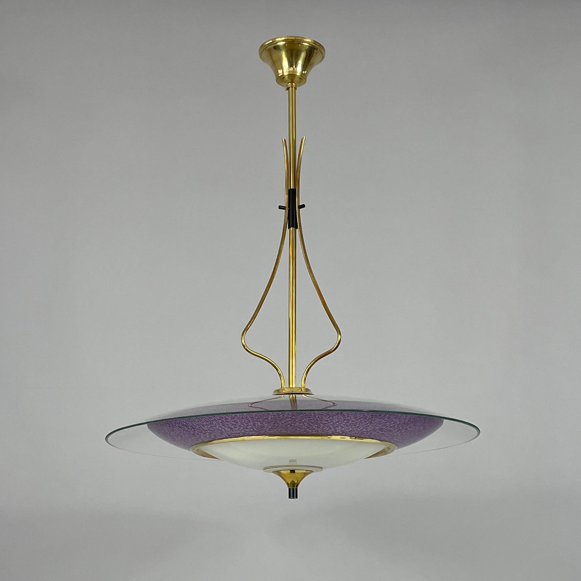 Italian Pietro Chiesa Fontane Arte Style Glass & Brass Chandelier, Italy 1950s For Sale