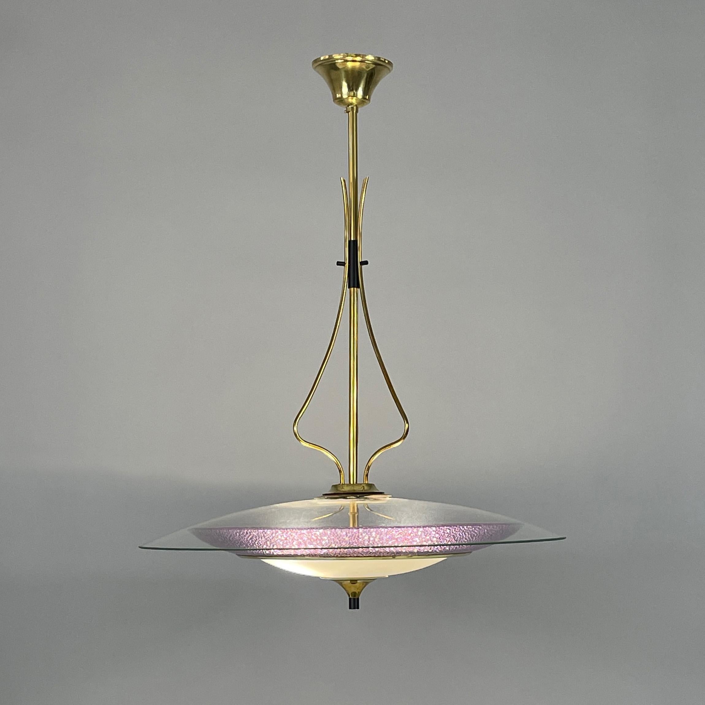 Mid-20th Century Pietro Chiesa Fontane Arte Style Glass & Brass Chandelier, Italy 1950s For Sale