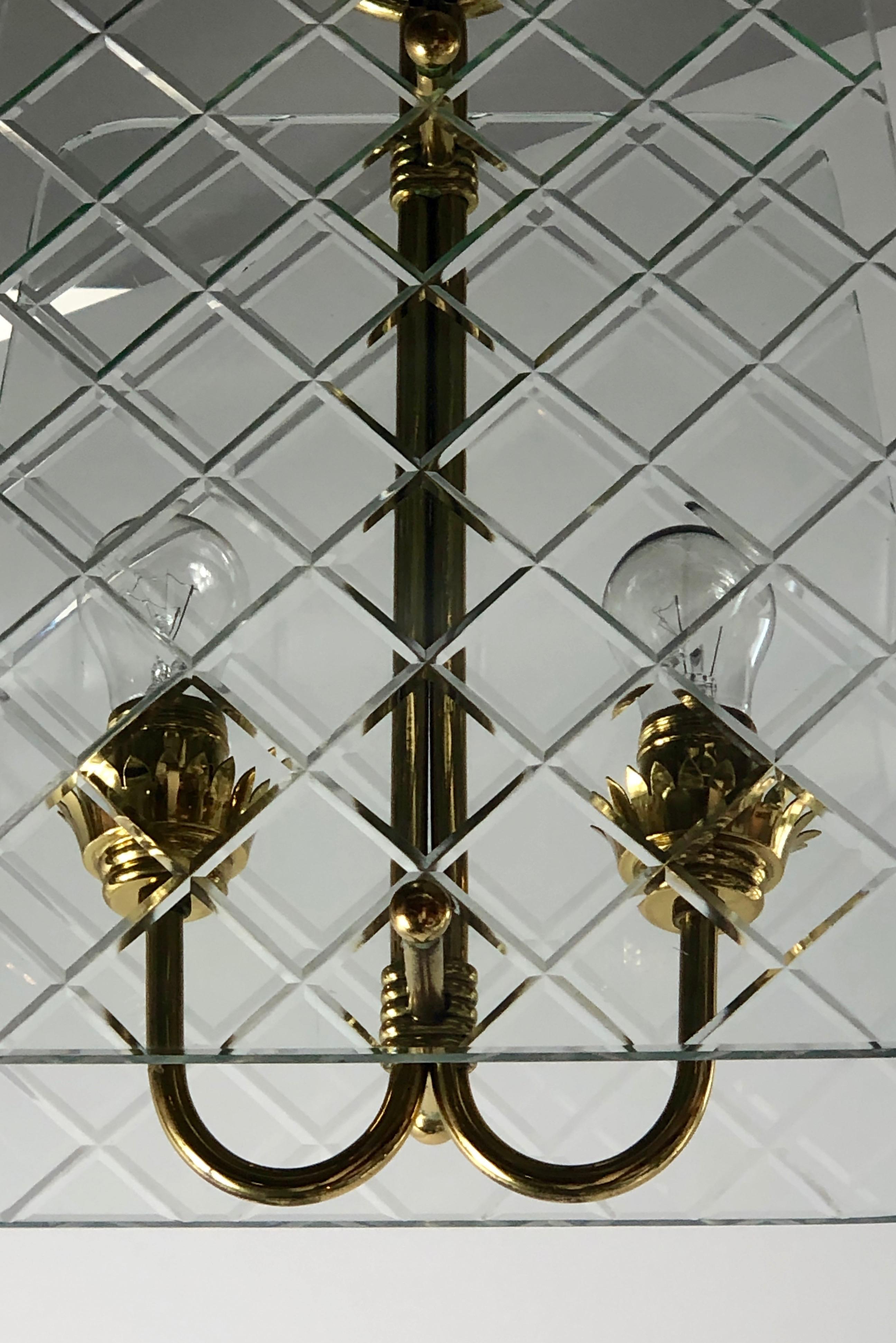 Attributed Pietro Chiesa Brass & Harlequin Pattern Cut Glass Chandelier For Sale 4