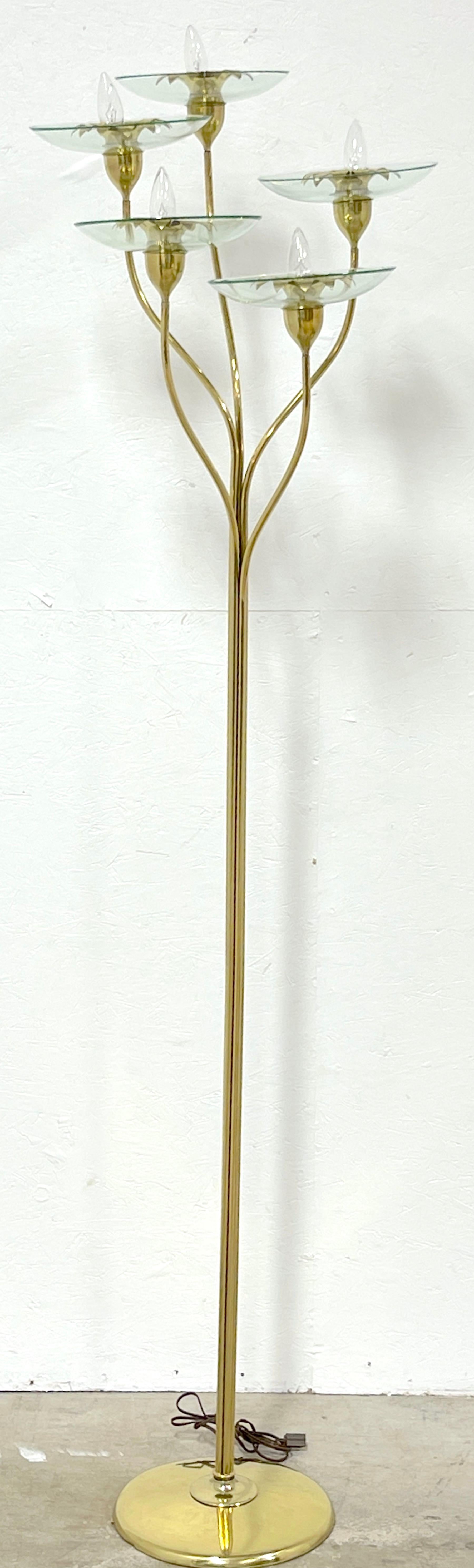 Pietro Chiesa for Fontana Arte Brass & Murano glass Torchiere
Italy, 20th century 
A rare model, of seamless organic tiered design, fitted with five stylized floral brass and 9-inch diameter Murano glass bobeches, fitted with a candelabra bulb,