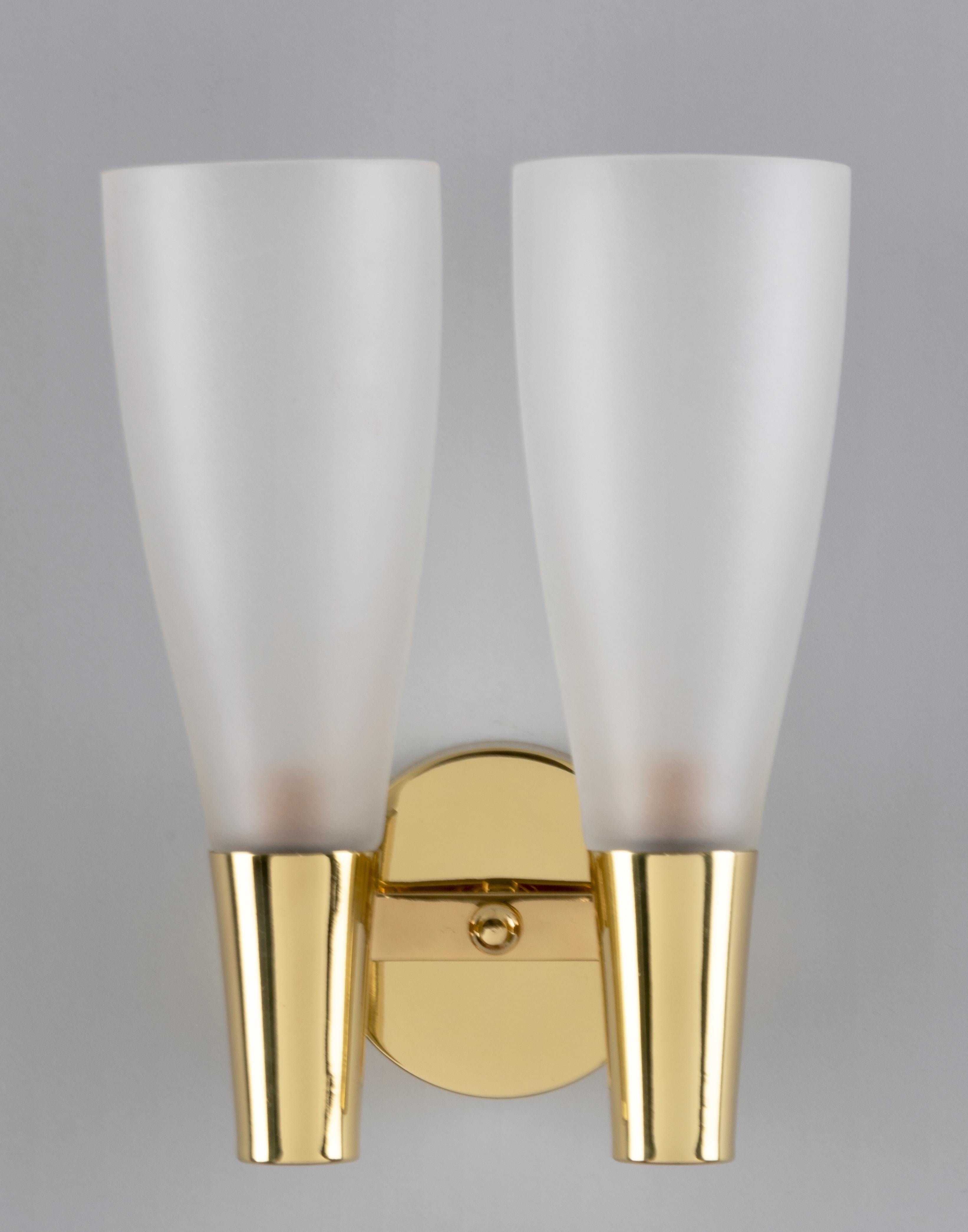 Italian Pietro Chiesa for Fontana Arte Brass Sconces with Two Glass Shades, Italy 1940s