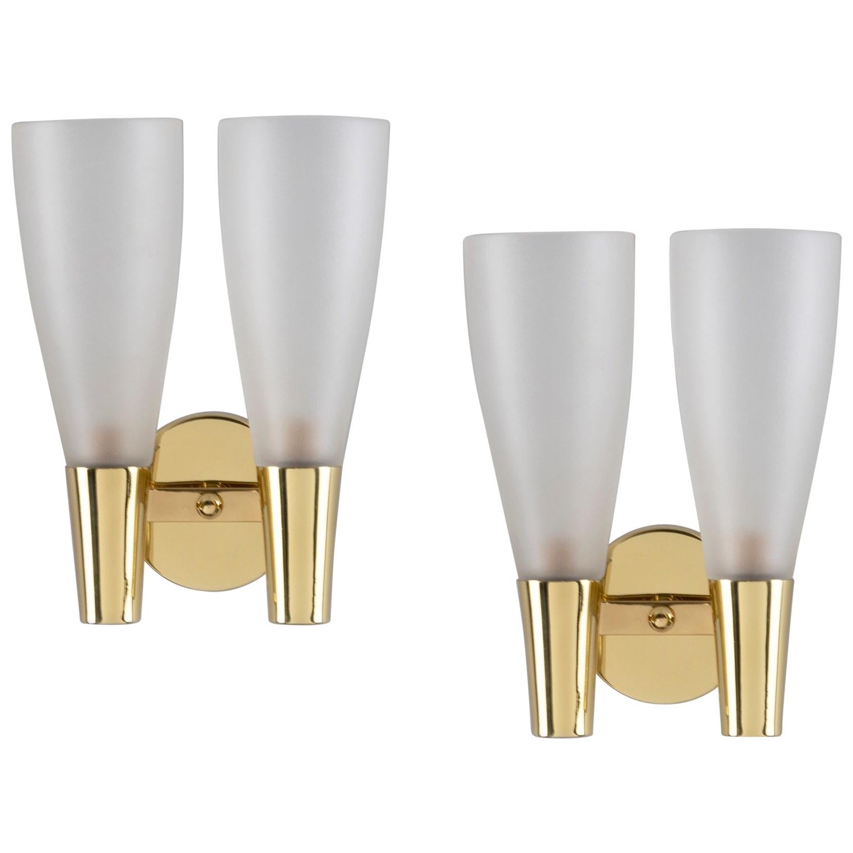 Pietro Chiesa for Fontana Arte Brass Sconces with Two Glass Shades, Italy 1940s