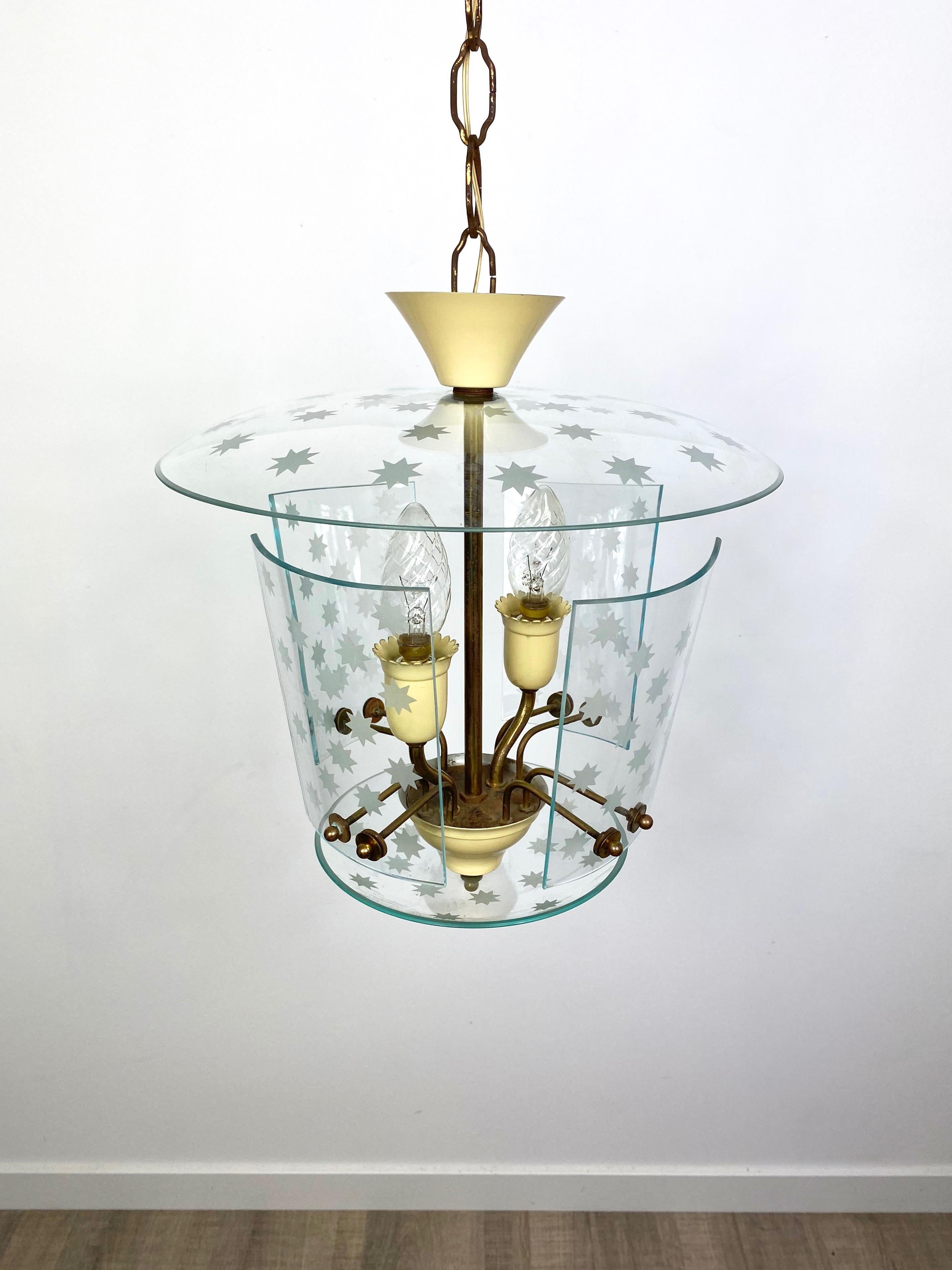 Mid-Century Modern Pietro Chiesa for Fontana Arte Glass and Brass Chandelier Lantern, Italy, 1950s