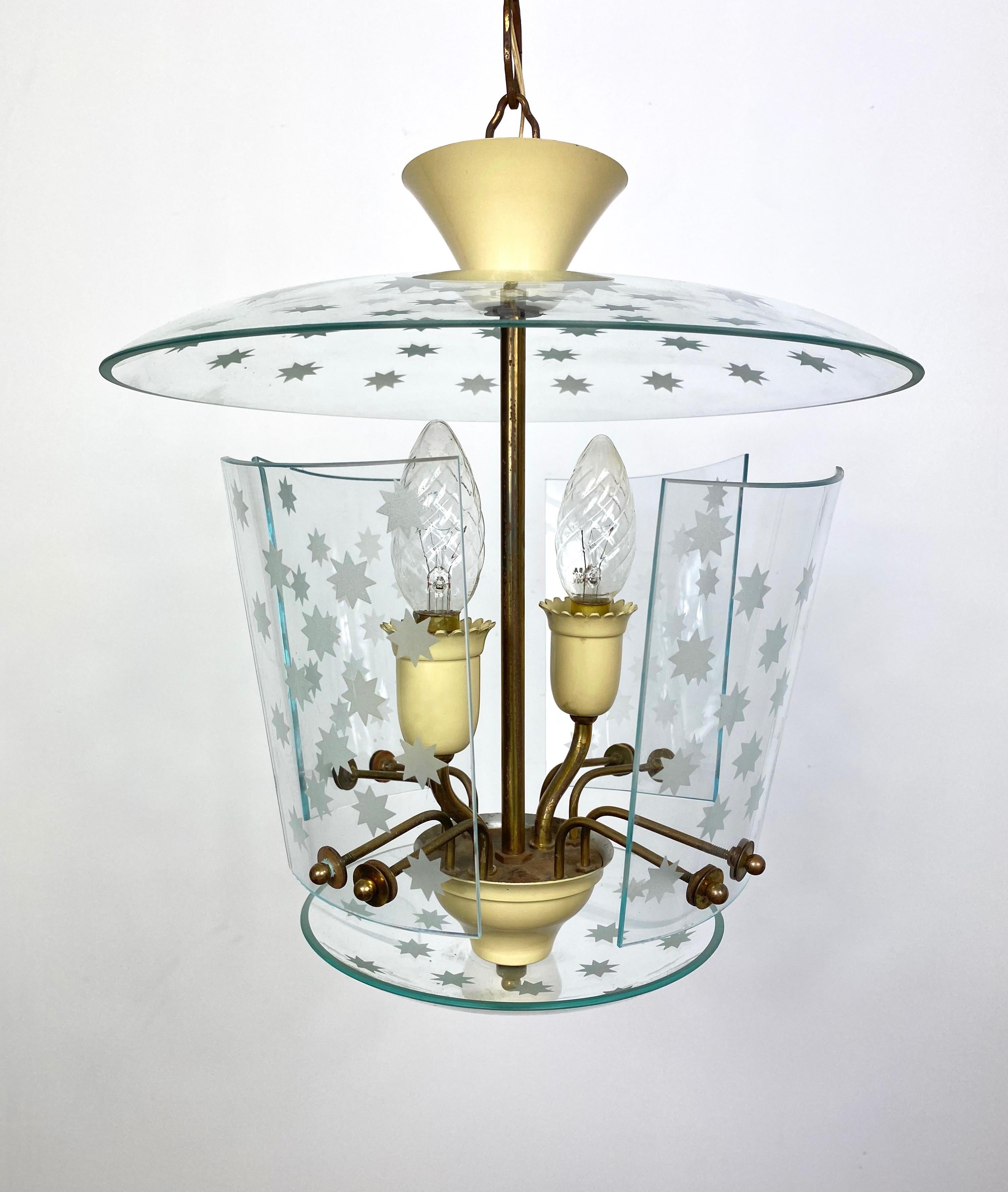 Italian Pietro Chiesa for Fontana Arte Glass and Brass Chandelier Lantern, Italy, 1950s