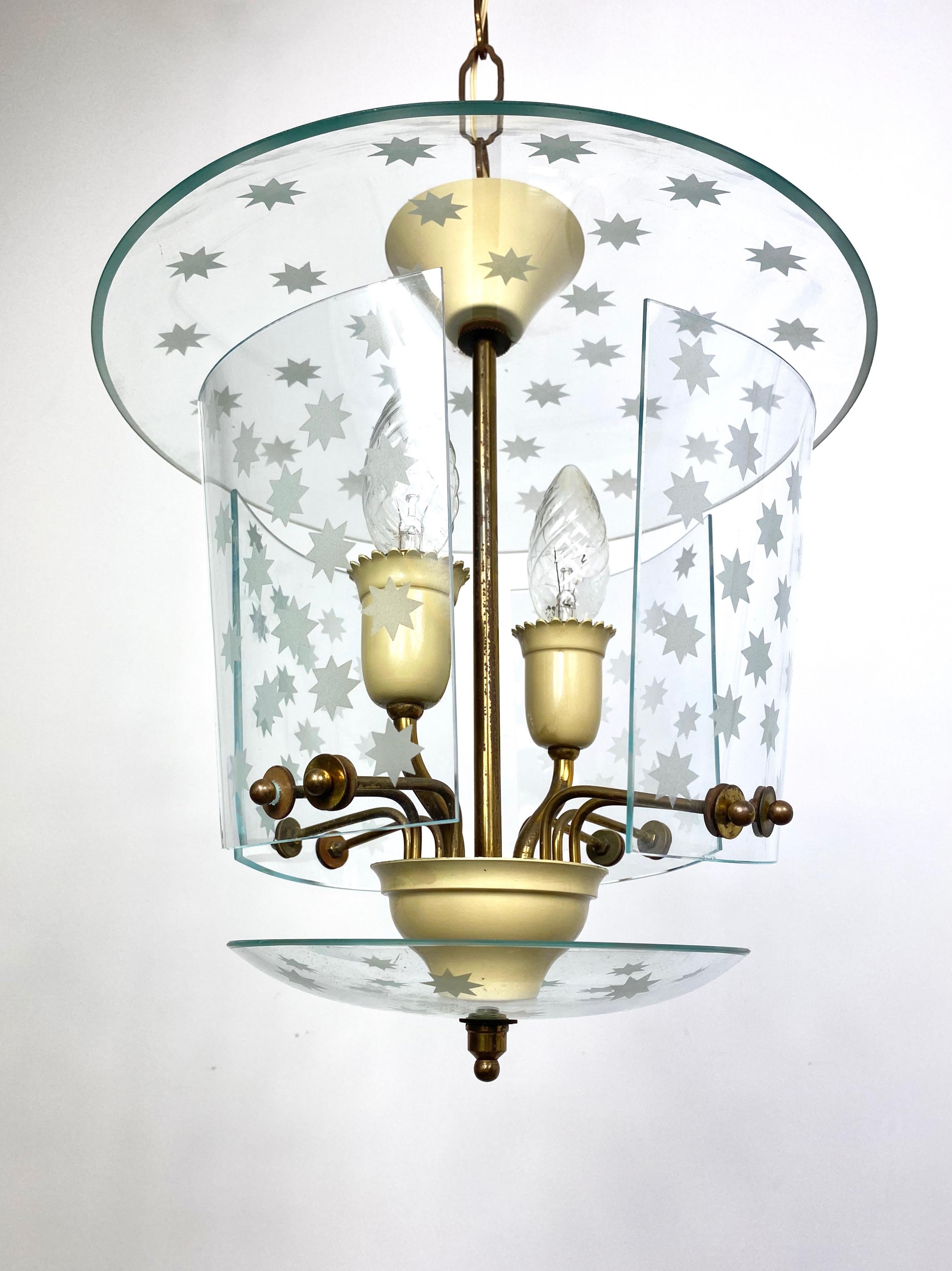 Metal Pietro Chiesa for Fontana Arte Glass and Brass Chandelier Lantern, Italy, 1950s