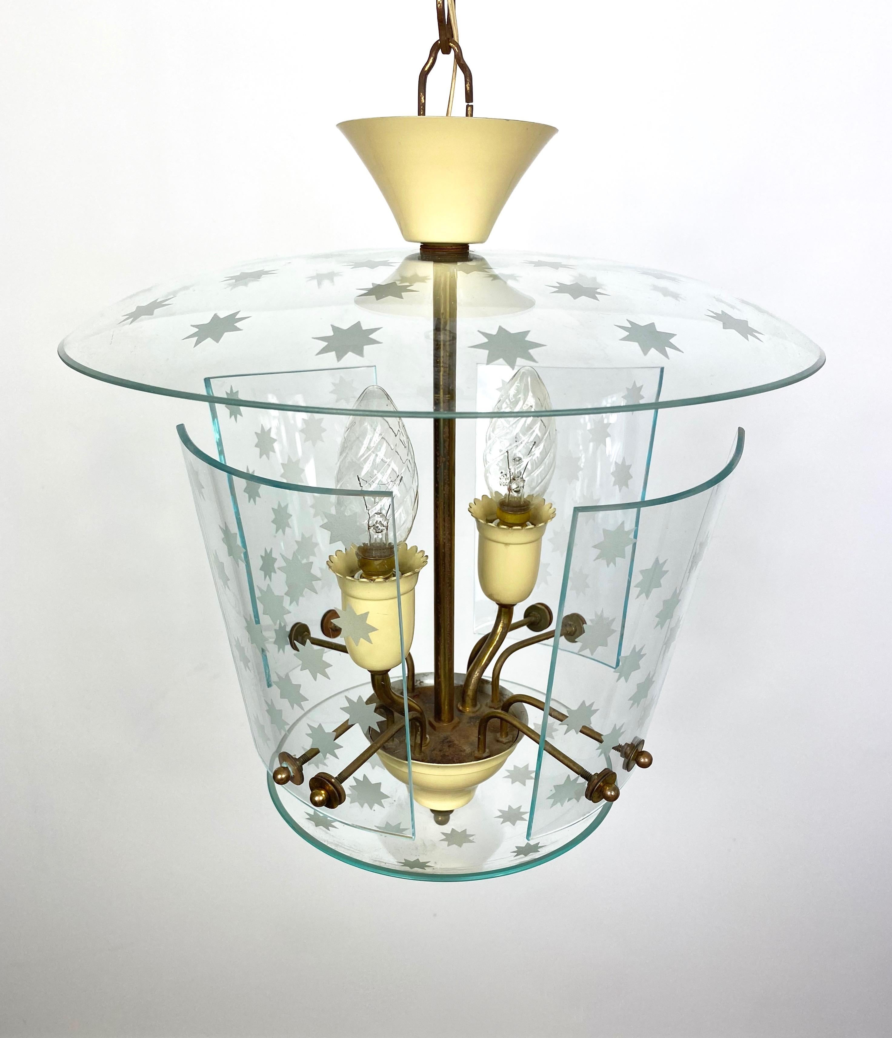 Pietro Chiesa for Fontana Arte Glass and Brass Chandelier Lantern, Italy, 1950s 1