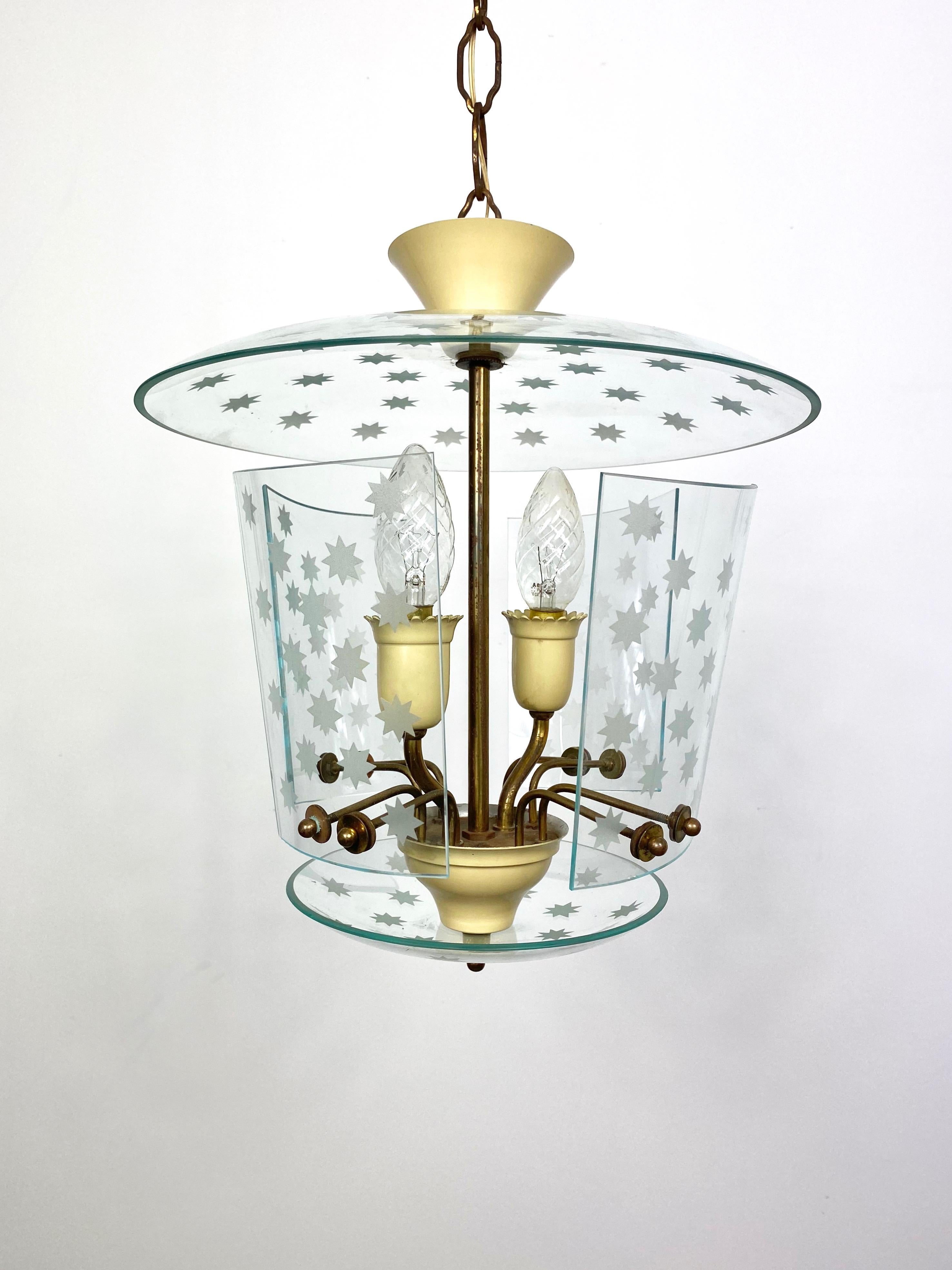 Pietro Chiesa for Fontana Arte Glass and Brass Chandelier Lantern, Italy, 1950s 2